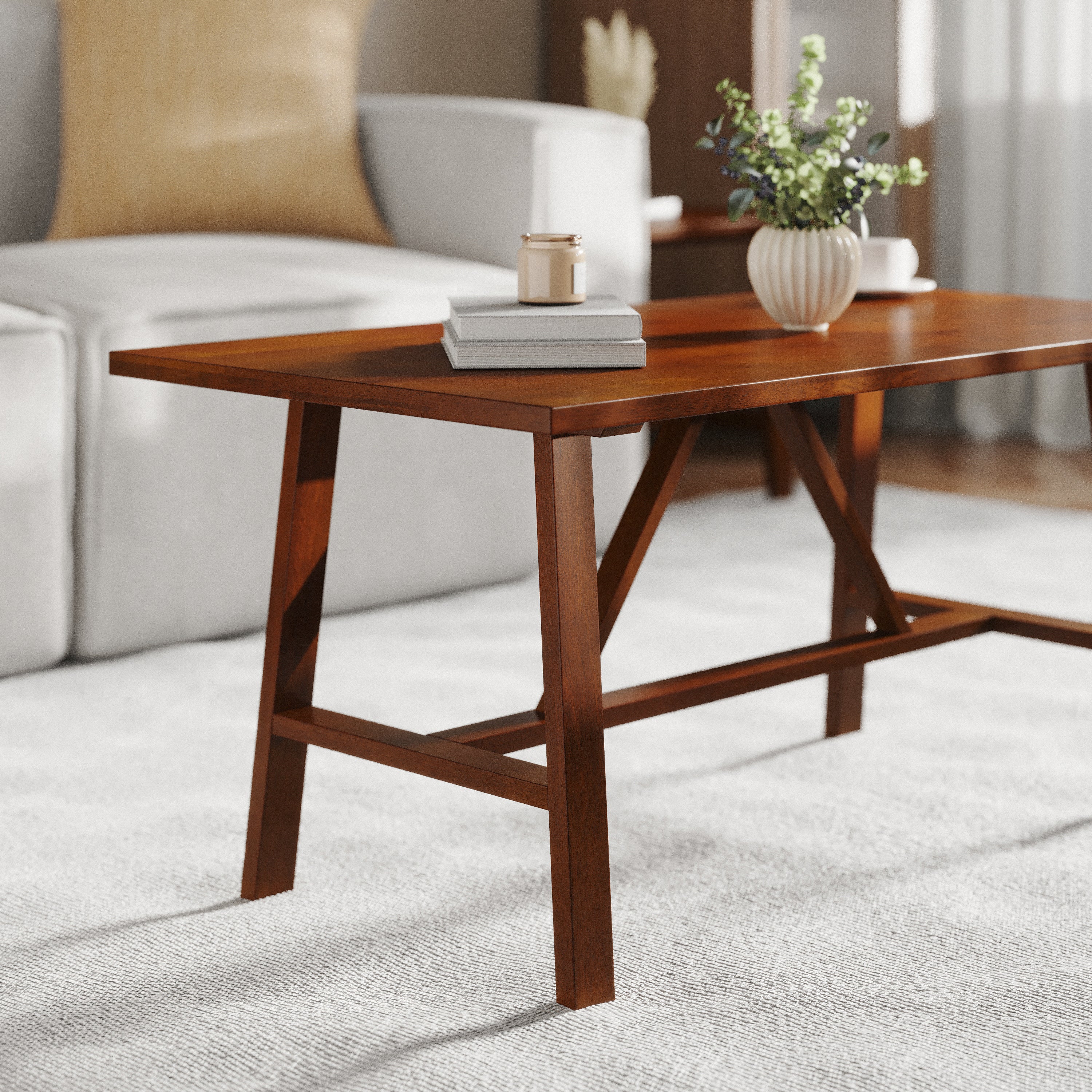 Eli Solid Wood Farmhouse Coffee Table, Trestle Style Accent Table
