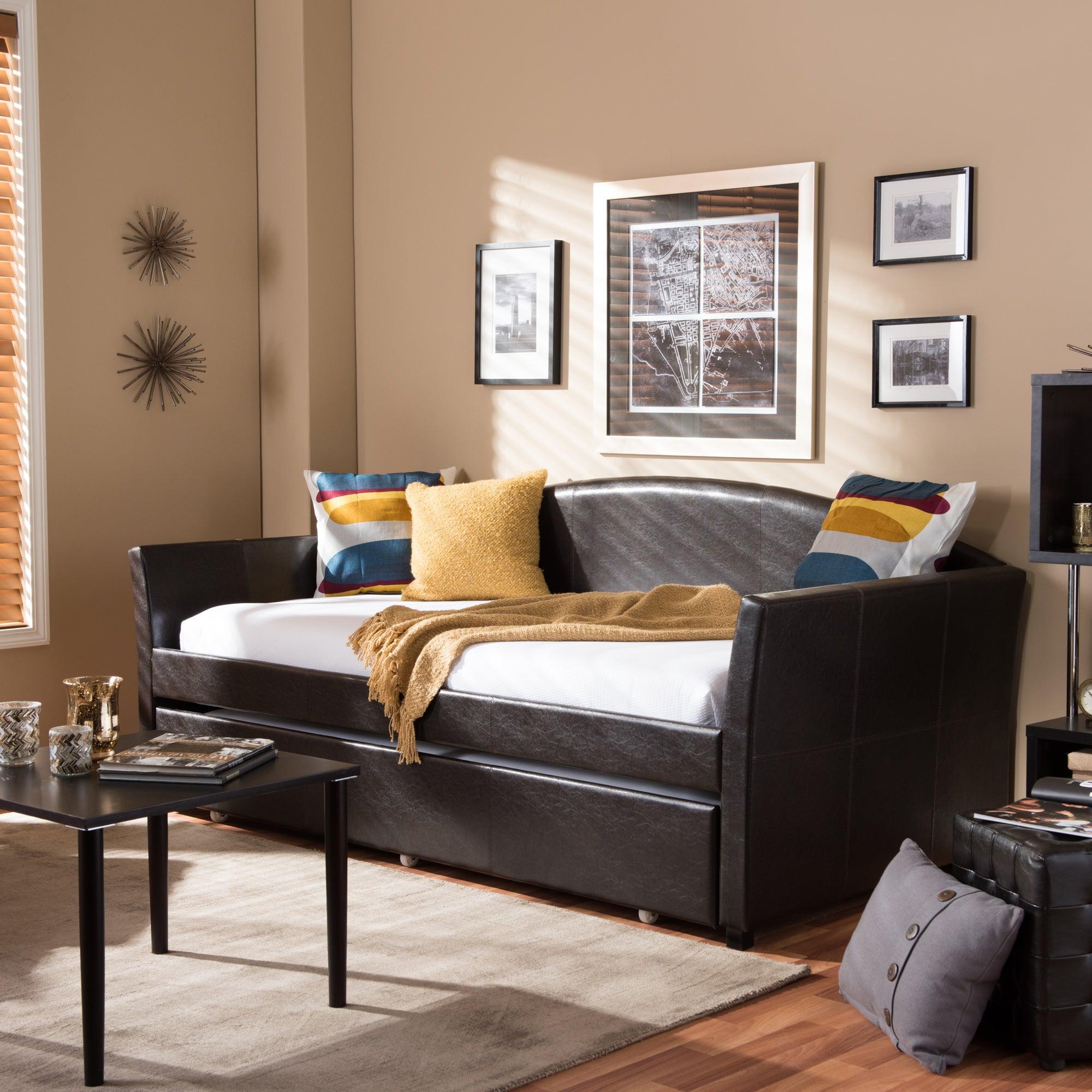 London Modern and Contemporary Faux Leather Arched Back Sofa Daybed with Roll-Out Trundle Guest Bed