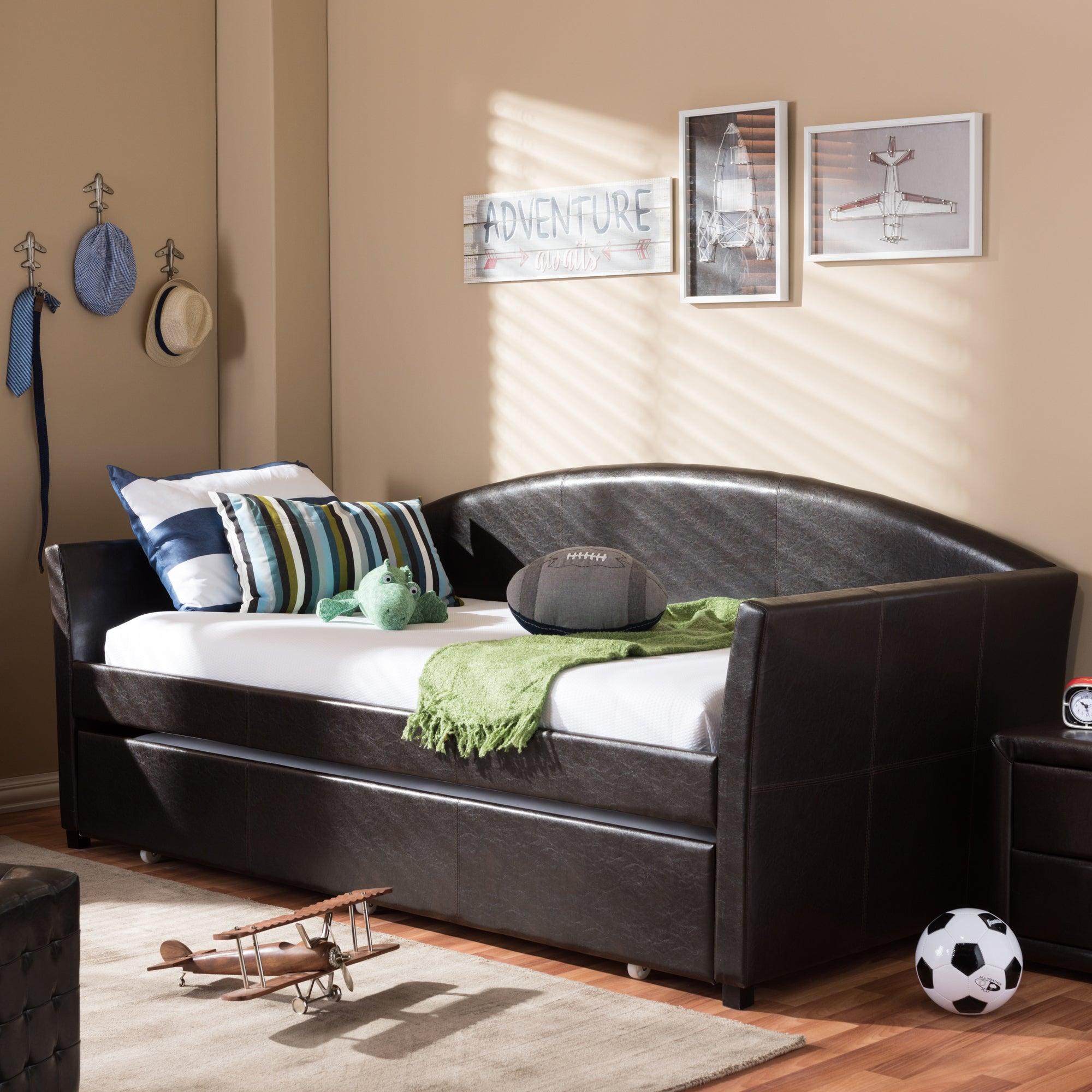 London Modern and Contemporary Faux Leather Arched Back Sofa Daybed with Roll-Out Trundle Guest Bed