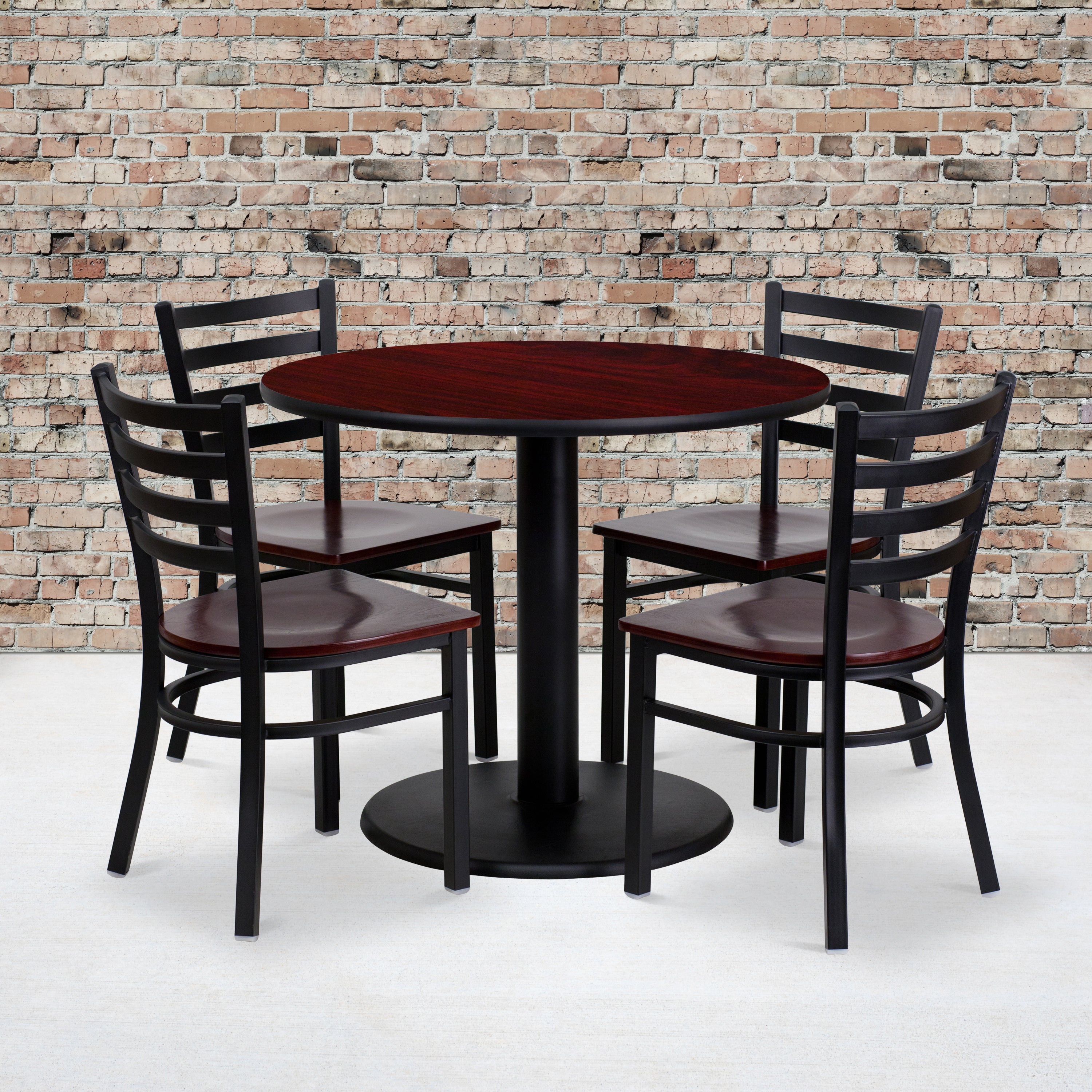 36'' Round Laminate Table Set with 4 Ladder Back Metal Chairs-Laminate Restaurant Table and Chair Set-Flash Furniture-Wall2Wall Furnishings