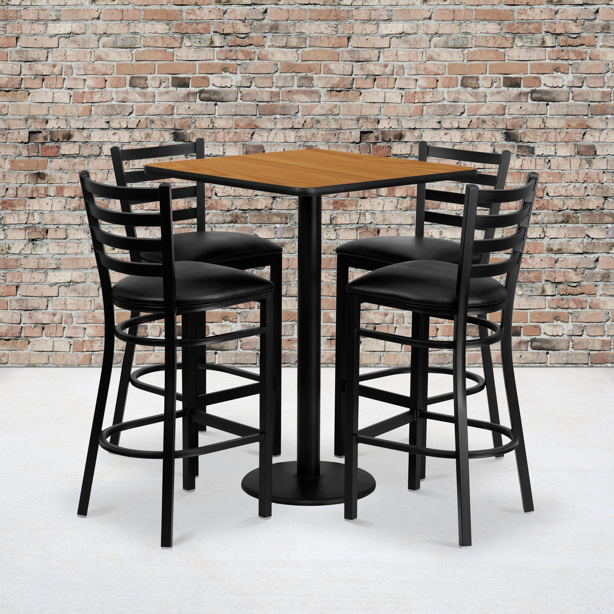 30'' Square Laminate Table Set with 4 Ladder Back Metal Barstools