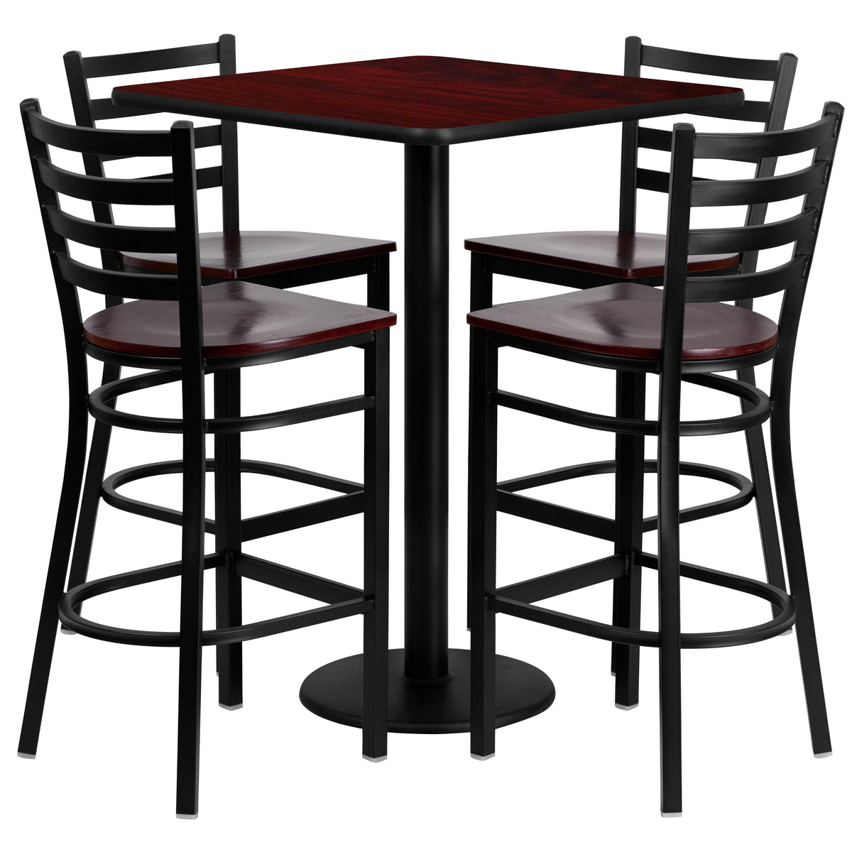 30'' Square Laminate Table Set with 4 Ladder Back Metal Barstools