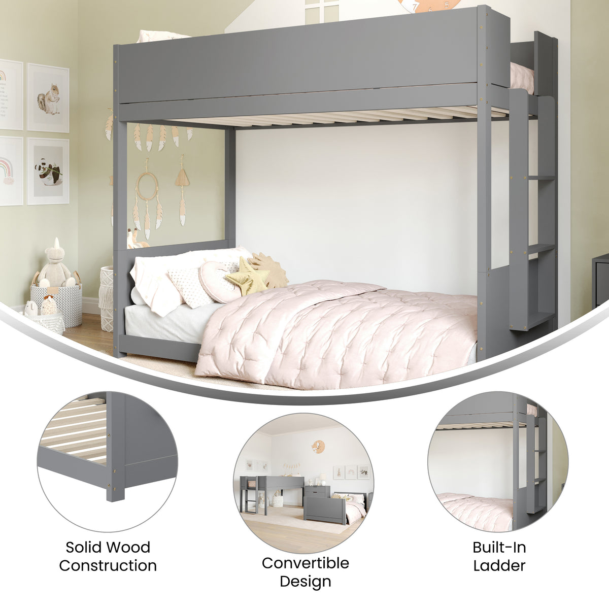 Dallas Convertible Solid Wood Bunk Bed Frame with Ladder for Kids, No Box Spring Needed