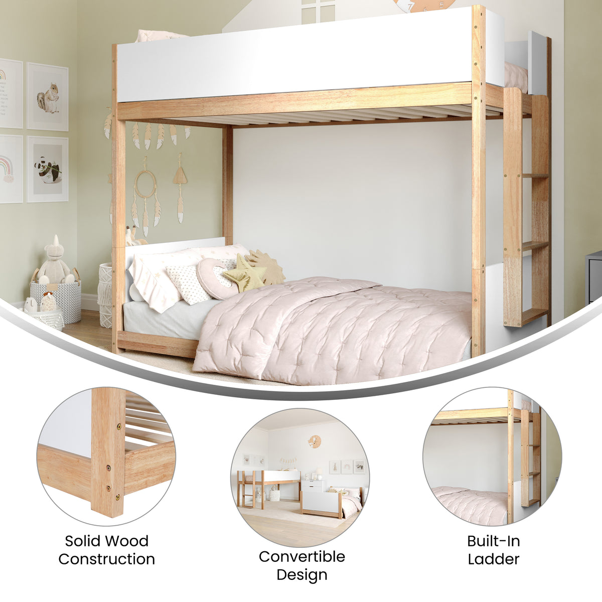 Dallas Convertible Solid Wood Bunk Bed Frame with Ladder for Kids, No Box Spring Needed