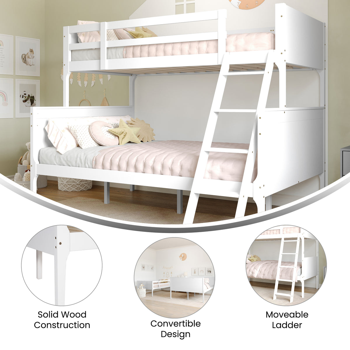 Dallas Convertible Slatted Solid Wood Bunk Bed Frame with Ladder for Kids, No Box Spring Needed