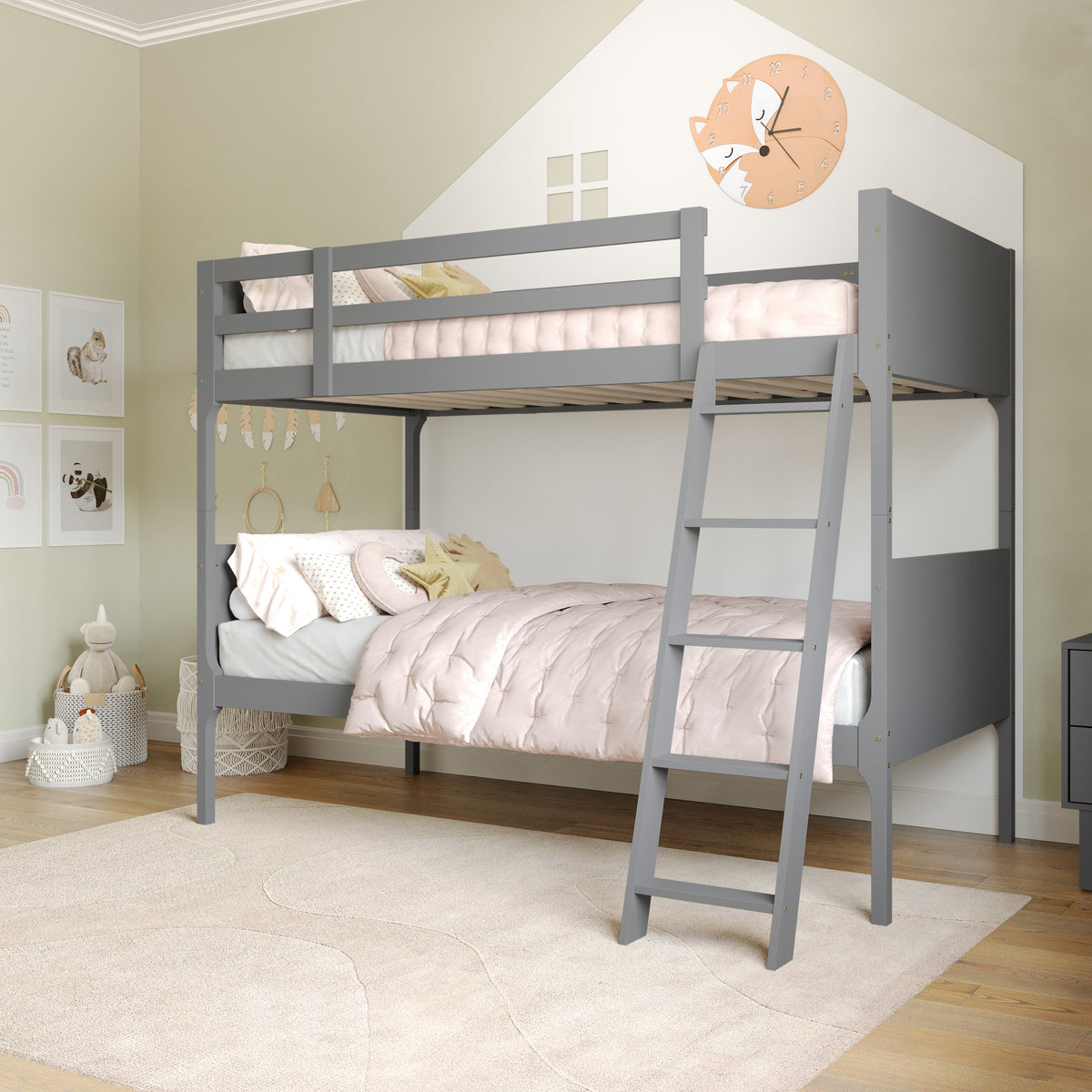 Dallas Convertible Slatted Solid Wood Bunk Bed Frame with Ladder for Kids, No Box Spring Needed