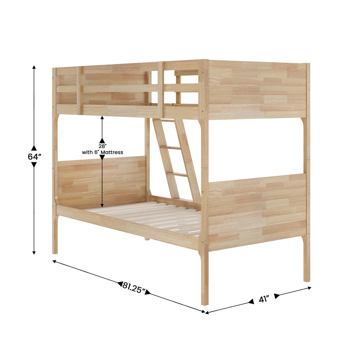 Dallas Convertible Slatted Solid Wood Bunk Bed Frame with Ladder for Kids, No Box Spring Needed