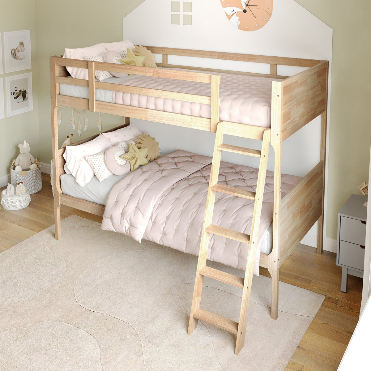 Dallas Convertible Slatted Solid Wood Bunk Bed Frame with Ladder for Kids, No Box Spring Needed