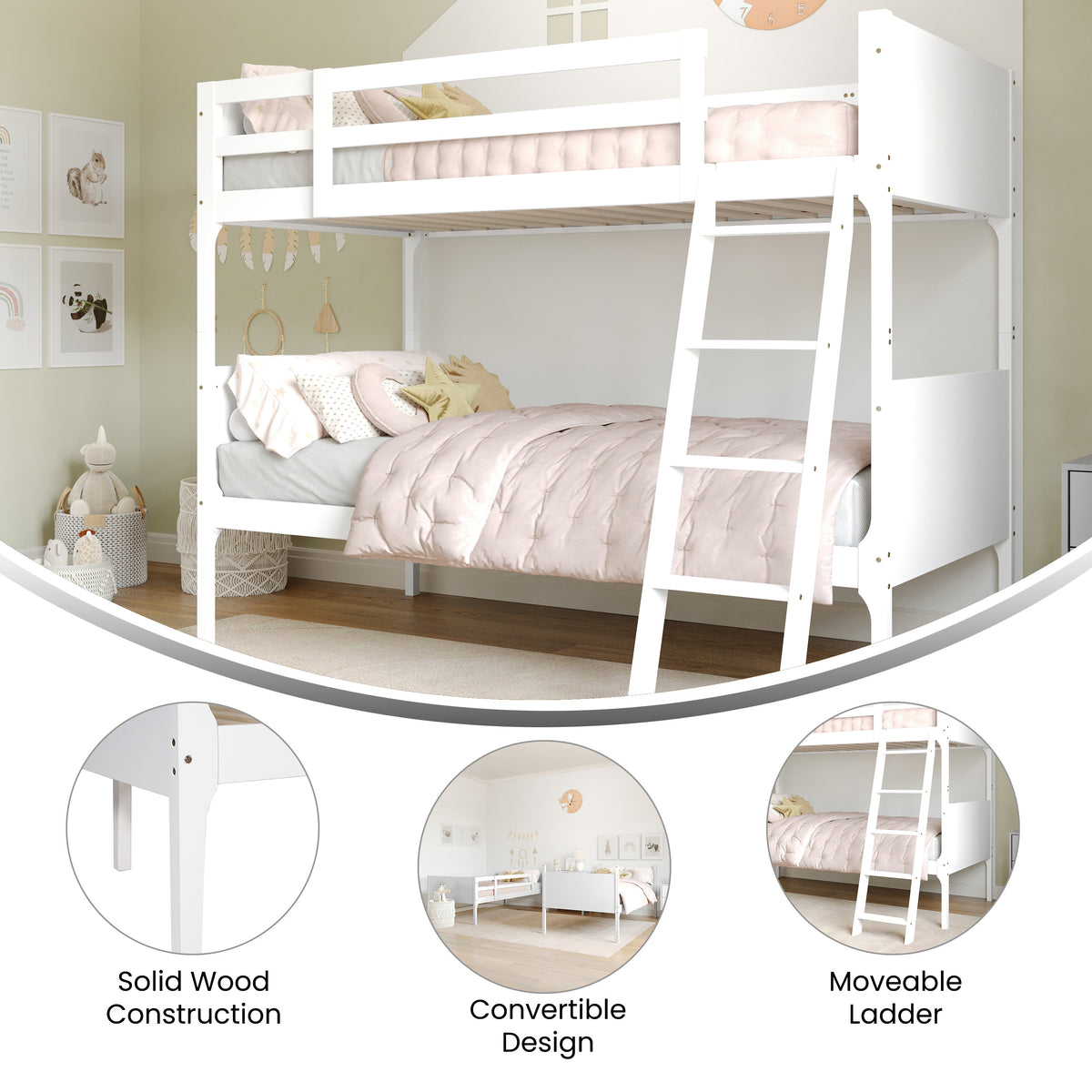 Dallas Convertible Slatted Solid Wood Bunk Bed Frame with Ladder for Kids, No Box Spring Needed