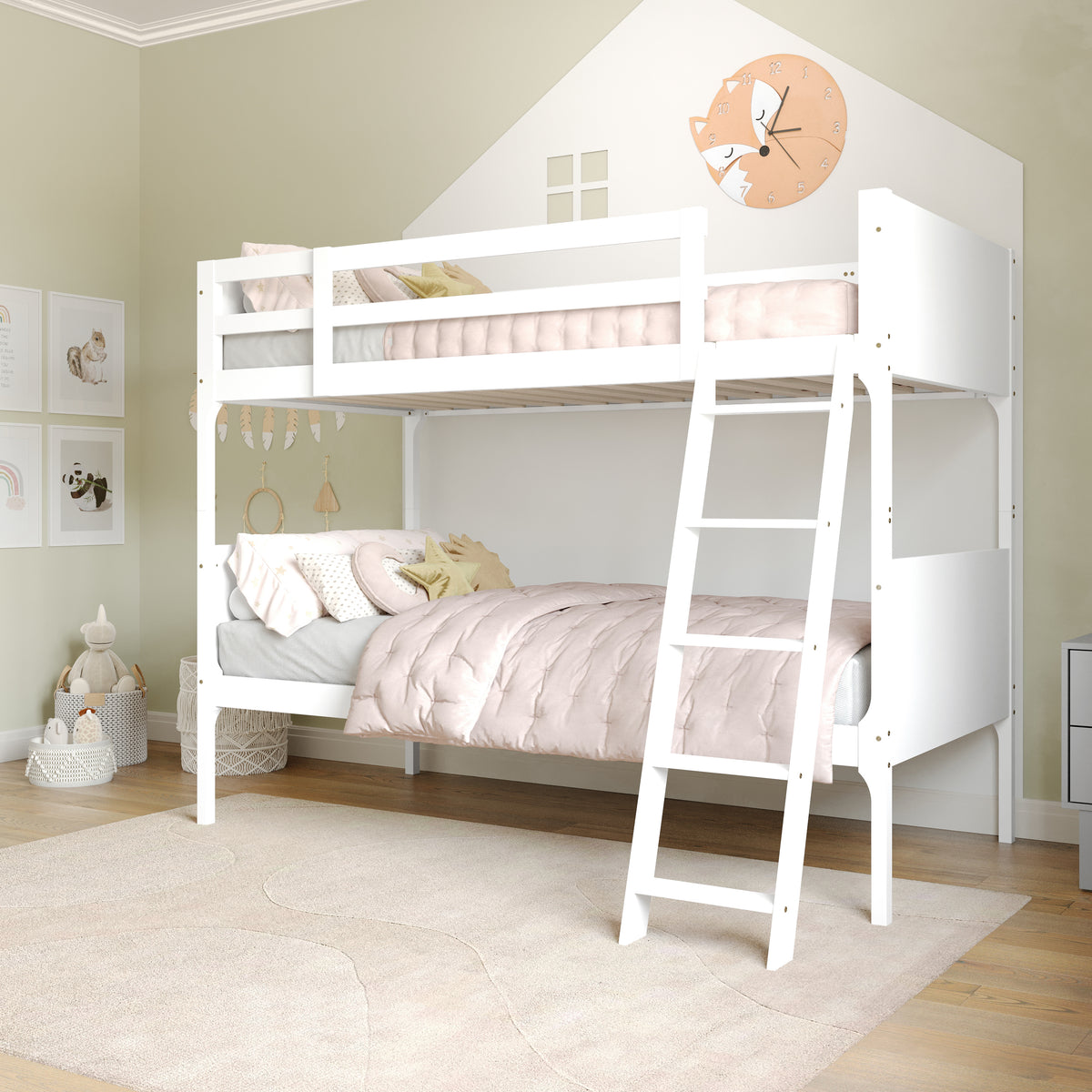 Dallas Convertible Slatted Solid Wood Bunk Bed Frame with Ladder for Kids, No Box Spring Needed