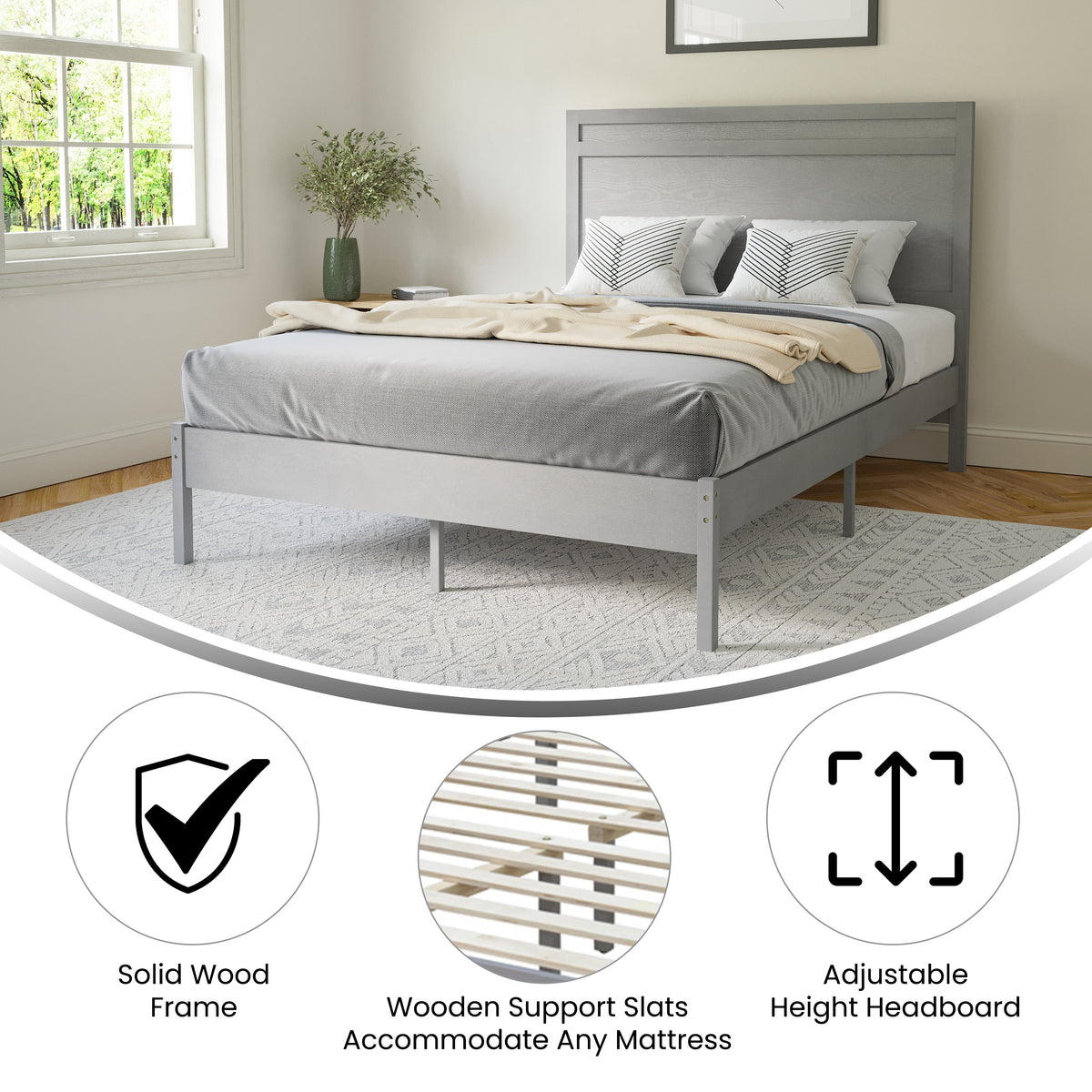 Kingston Solid Wood Platform Bed with Wooden Slats and Headboard, No Box Spring Needed