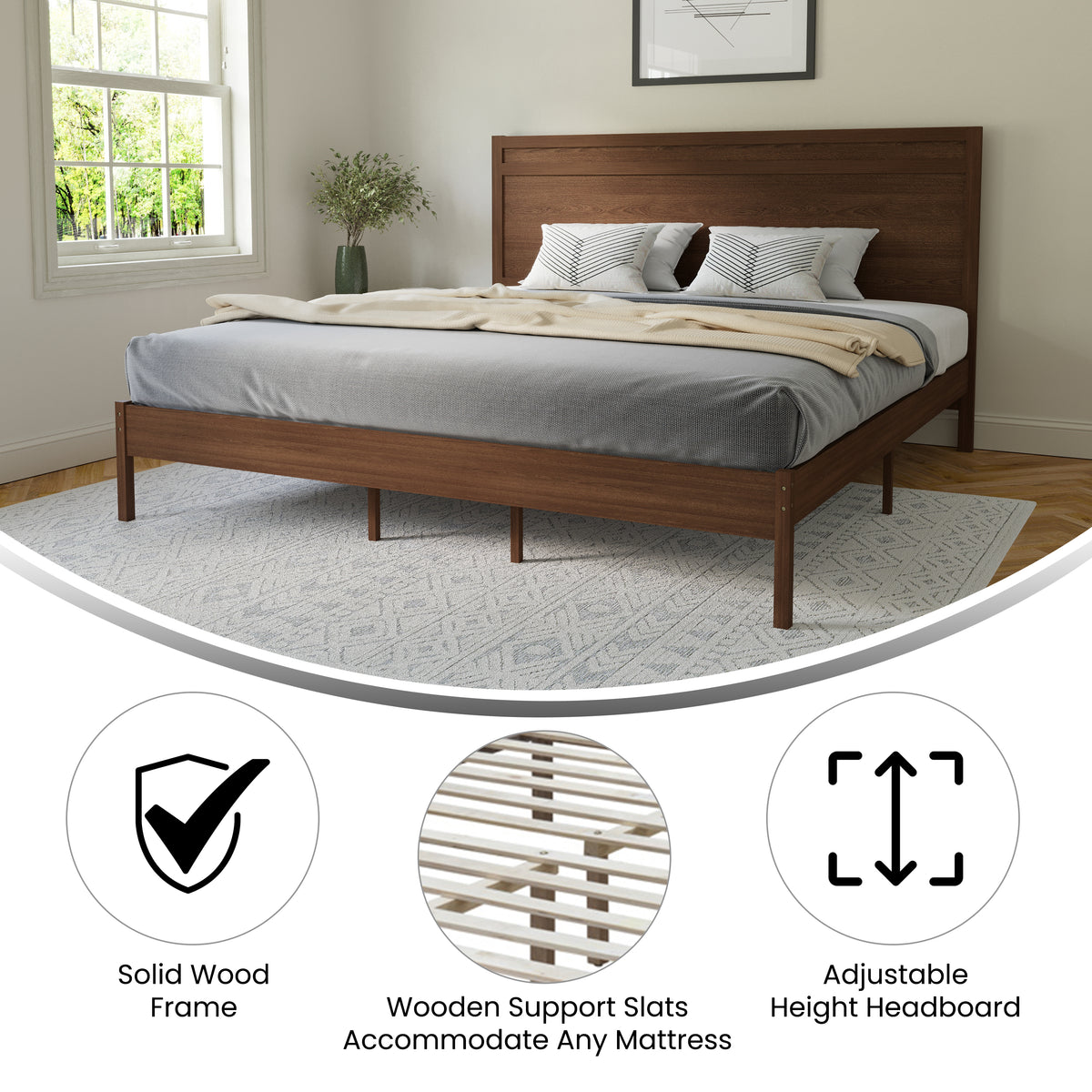 Kingston Solid Wood Platform Bed with Wooden Slats and Headboard, No Box Spring Needed