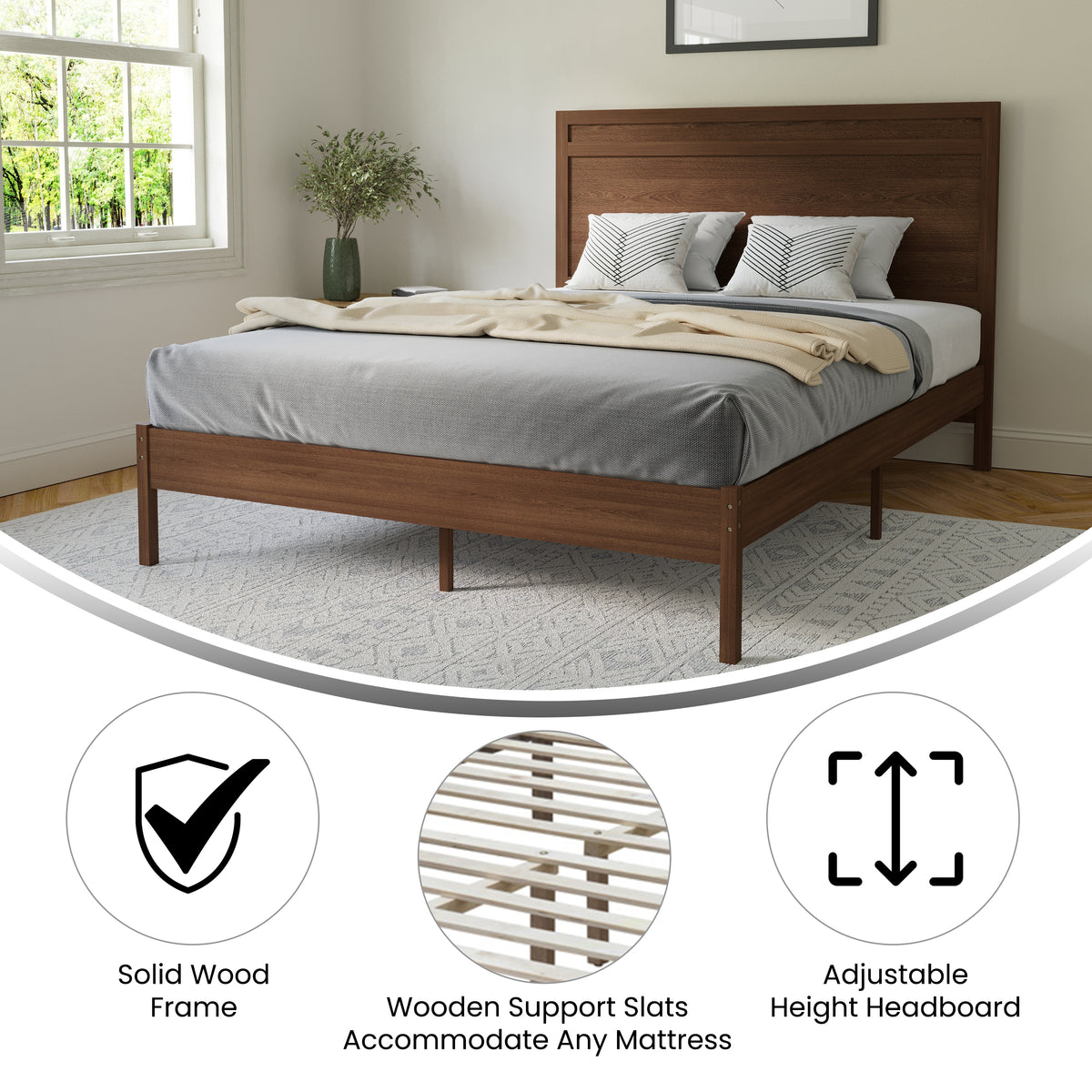 Kingston Solid Wood Platform Bed with Wooden Slats and Headboard, No Box Spring Needed