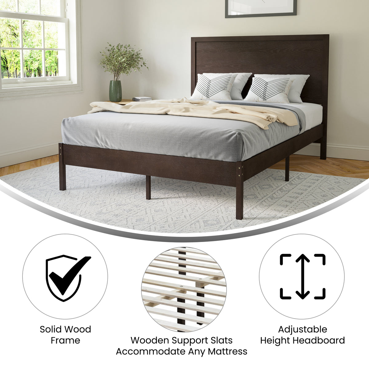 Asher Solid Wood Platform Bed with Wooden Slats and Headboard, No Box Spring Needed
