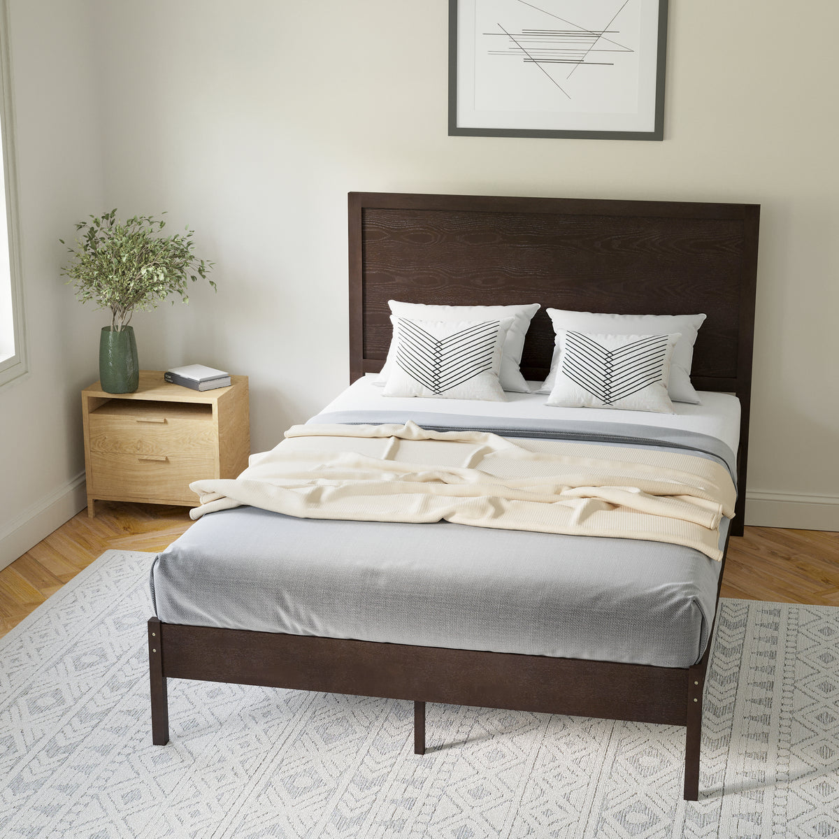 Asher Solid Wood Platform Bed with Wooden Slats and Headboard, No Box Spring Needed