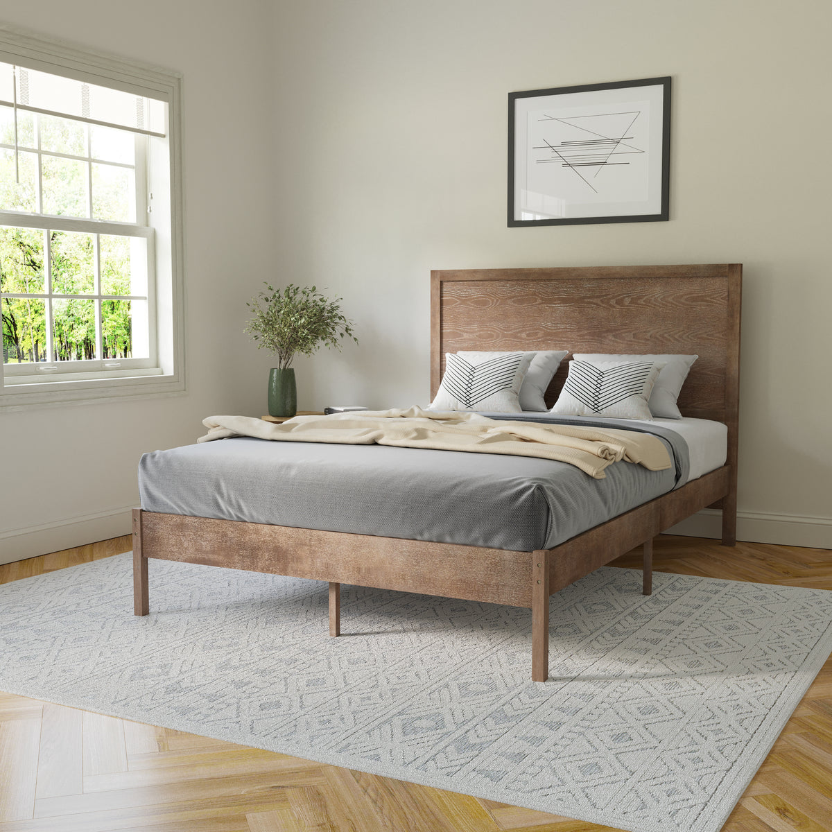 Asher Solid Wood Platform Bed with Wooden Slats and Headboard, No Box Spring Needed