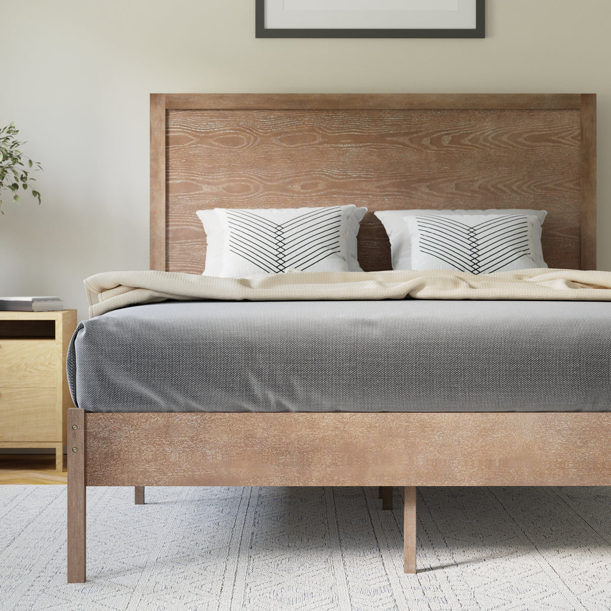 Asher Solid Wood Platform Bed with Wooden Slats and Headboard, No Box Spring Needed