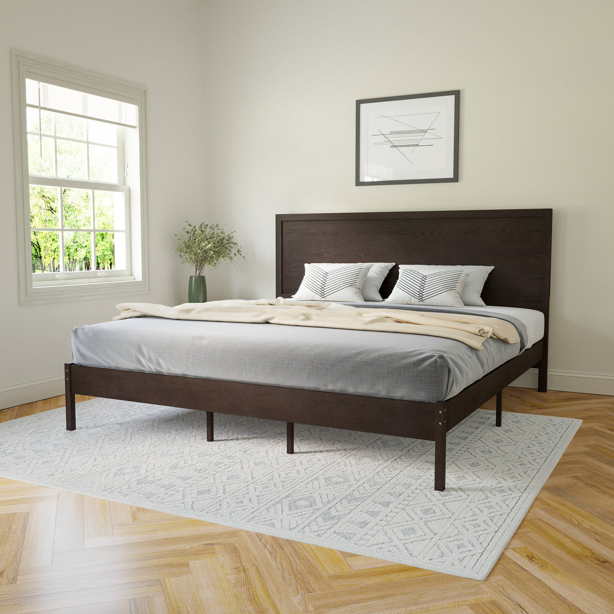 Asher Solid Wood Platform Bed with Wooden Slats and Headboard, No Box Spring Needed
