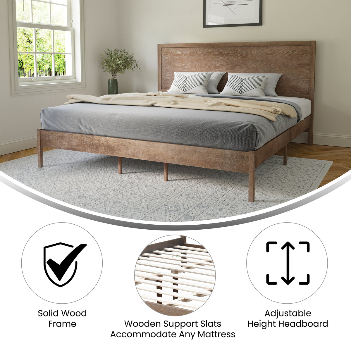 Asher Solid Wood Platform Bed with Wooden Slats and Headboard, No Box Spring Needed
