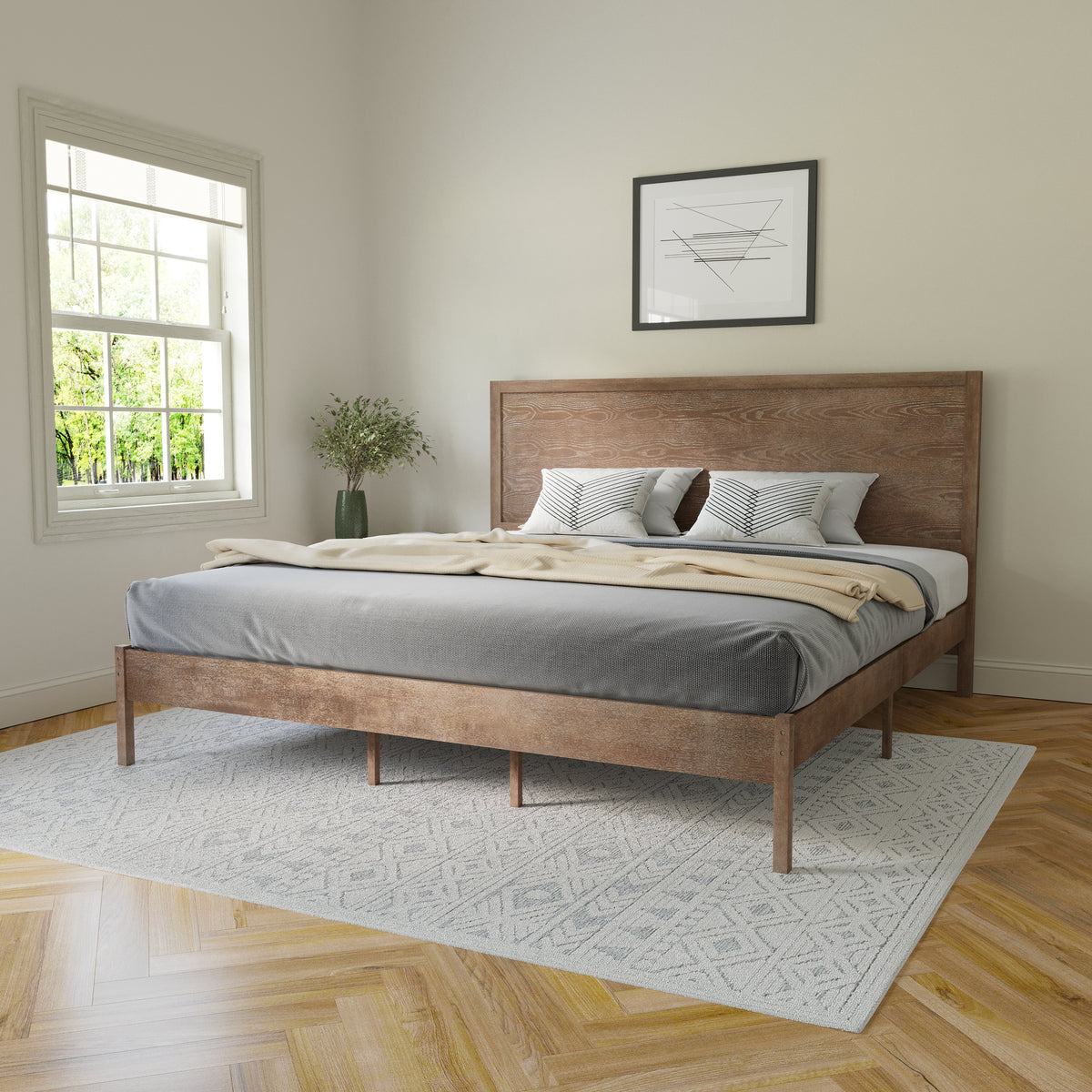 Asher Solid Wood Platform Bed with Wooden Slats and Headboard, No Box Spring Needed