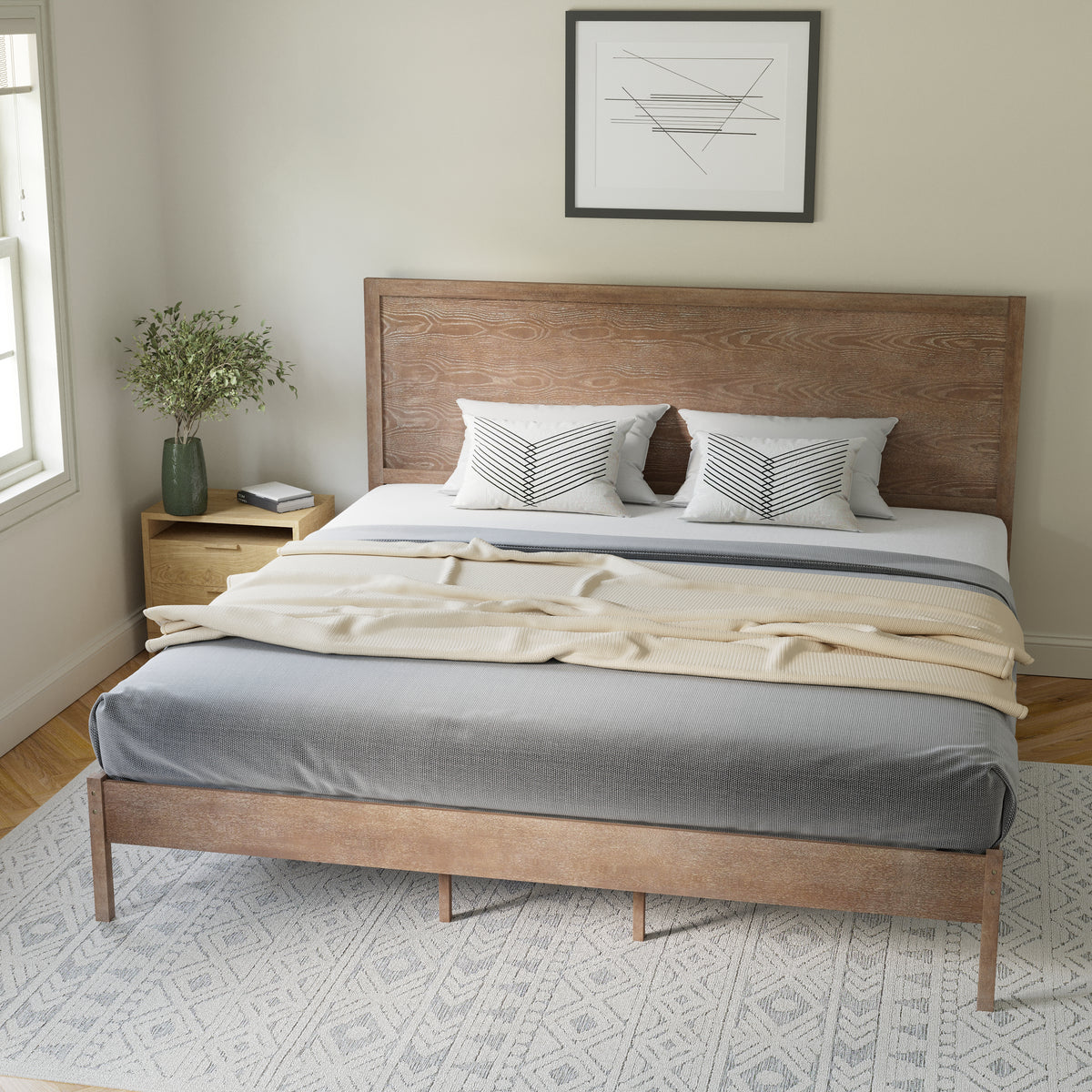 Asher Solid Wood Platform Bed with Wooden Slats and Headboard, No Box Spring Needed