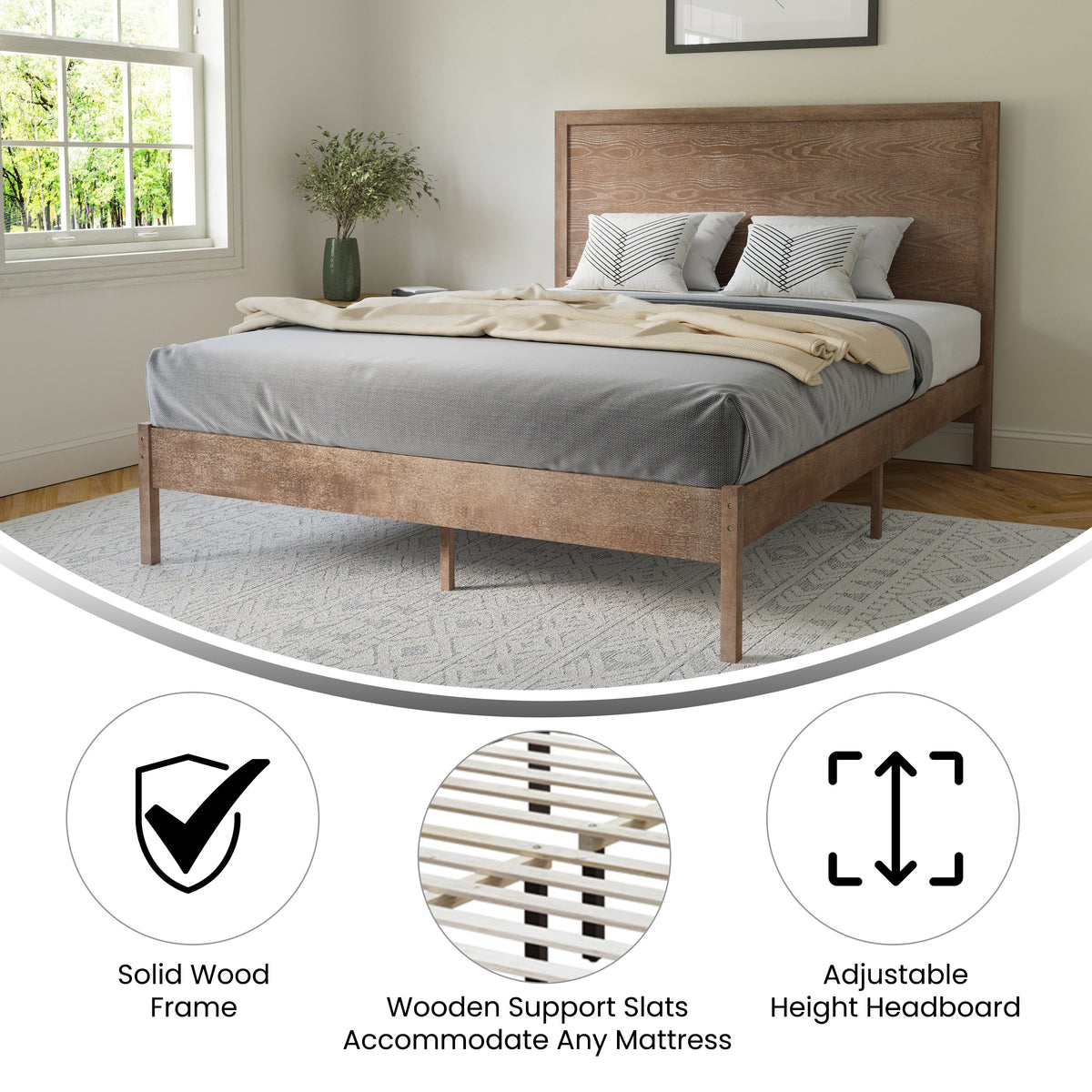 Asher Solid Wood Platform Bed with Wooden Slats and Headboard, No Box Spring Needed