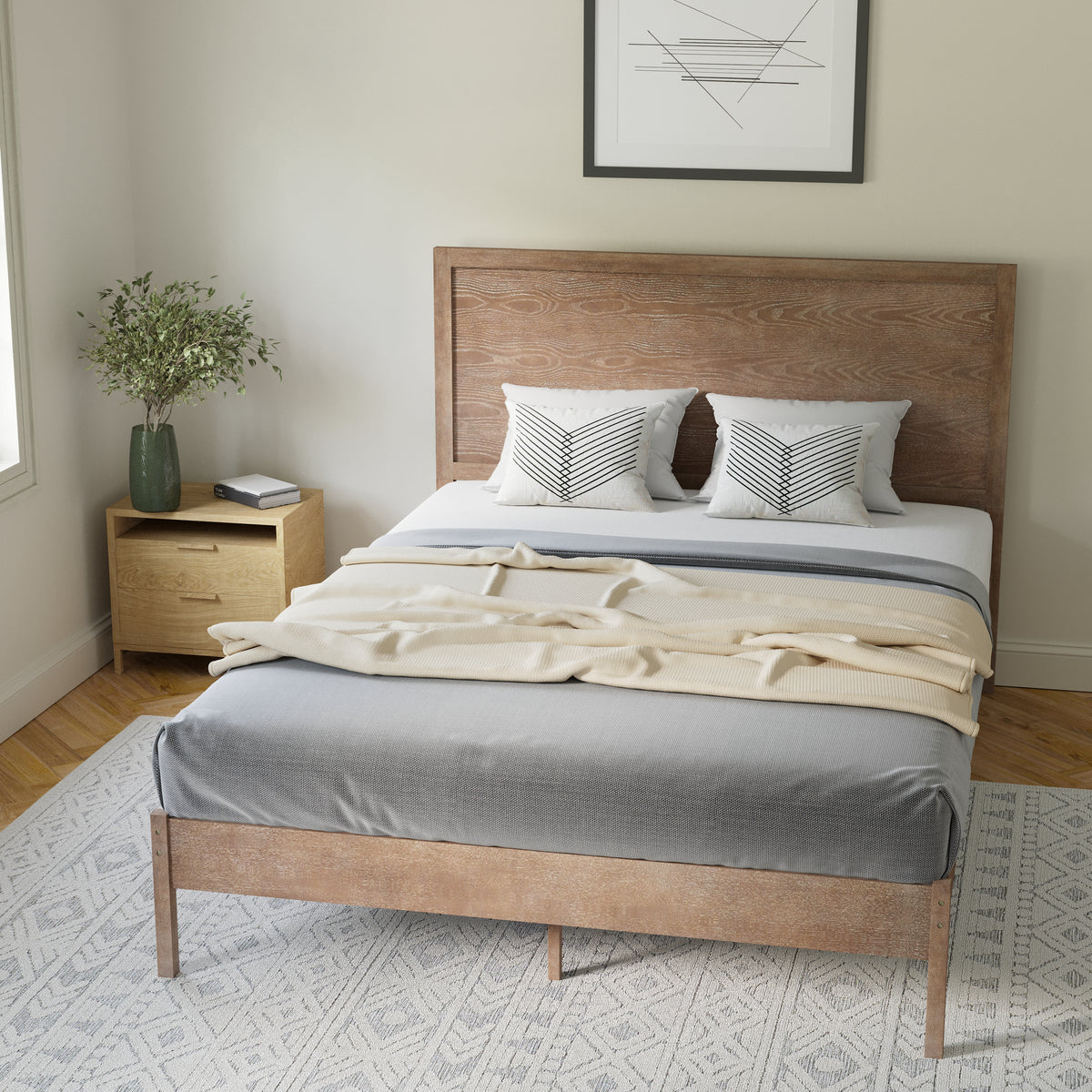 Asher Solid Wood Platform Bed with Wooden Slats and Headboard, No Box Spring Needed