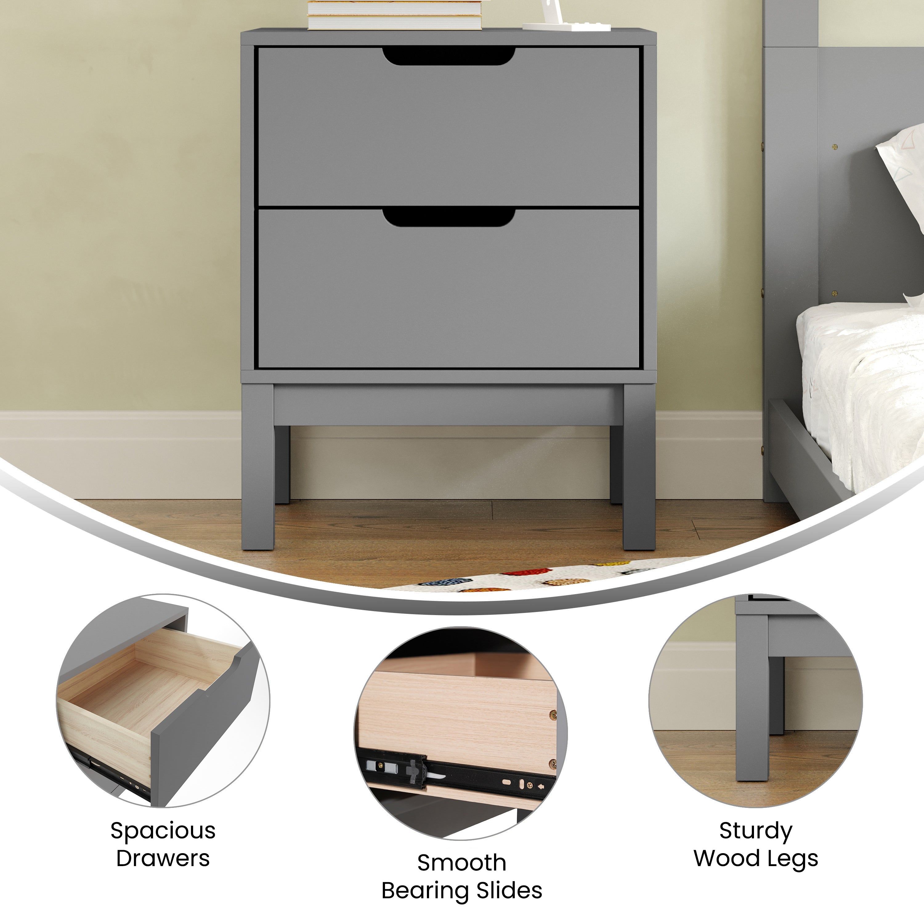 Dallas Wooden Night Stand, Bedroom Side Table with 2 Storage Drawers for Kids