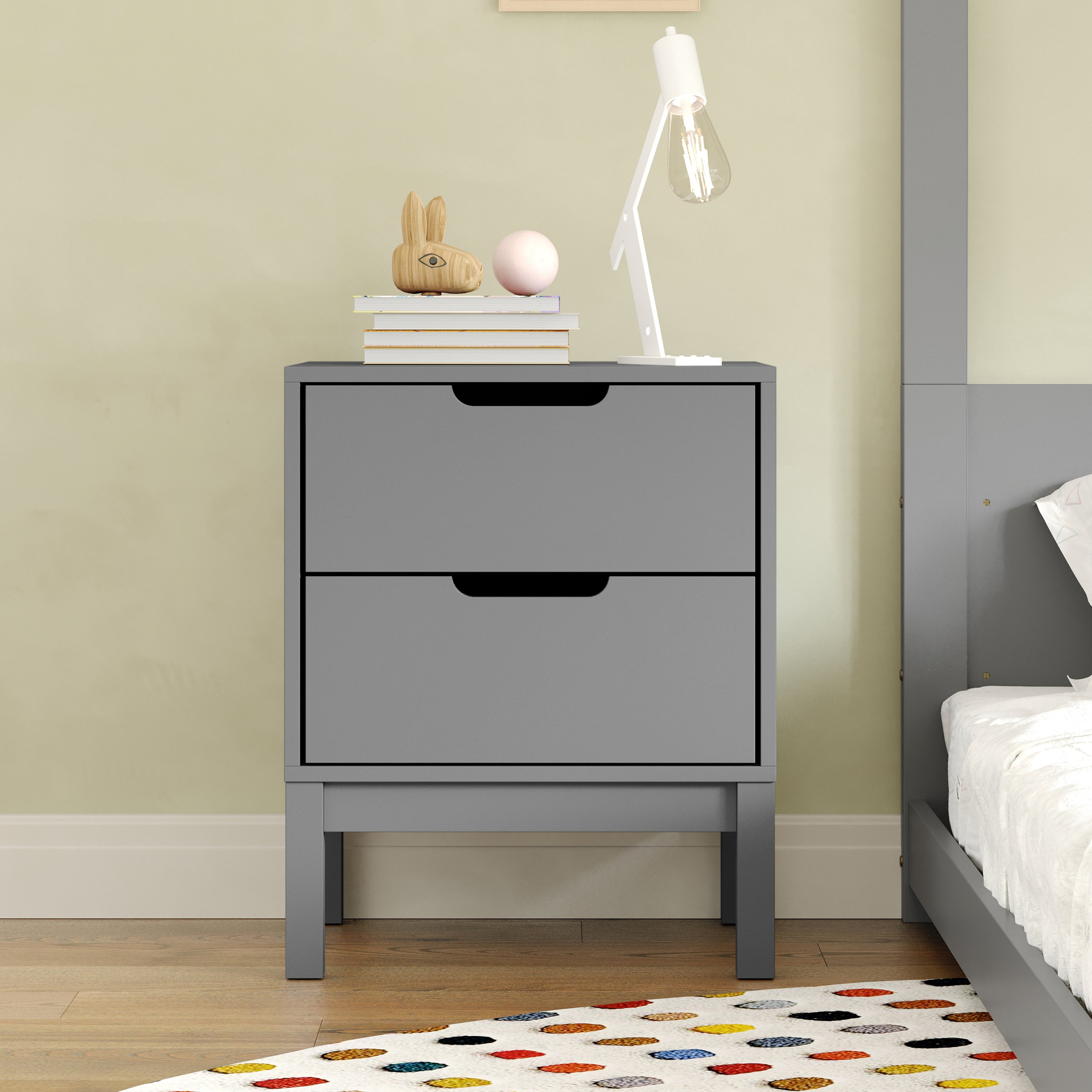Dallas Wooden Night Stand, Bedroom Side Table with 2 Storage Drawers for Kids