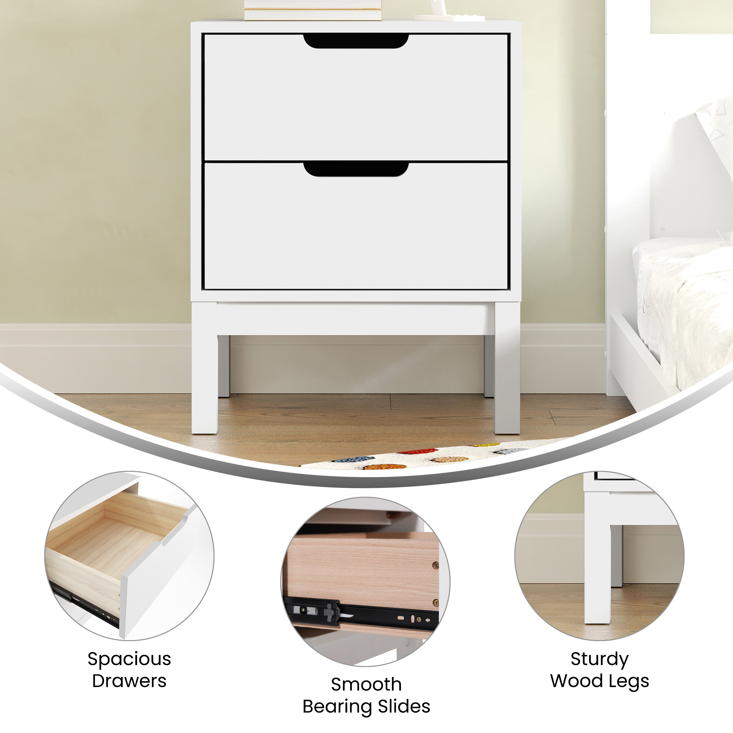 Dallas Wooden Night Stand, Bedroom Side Table with 2 Storage Drawers for Kids