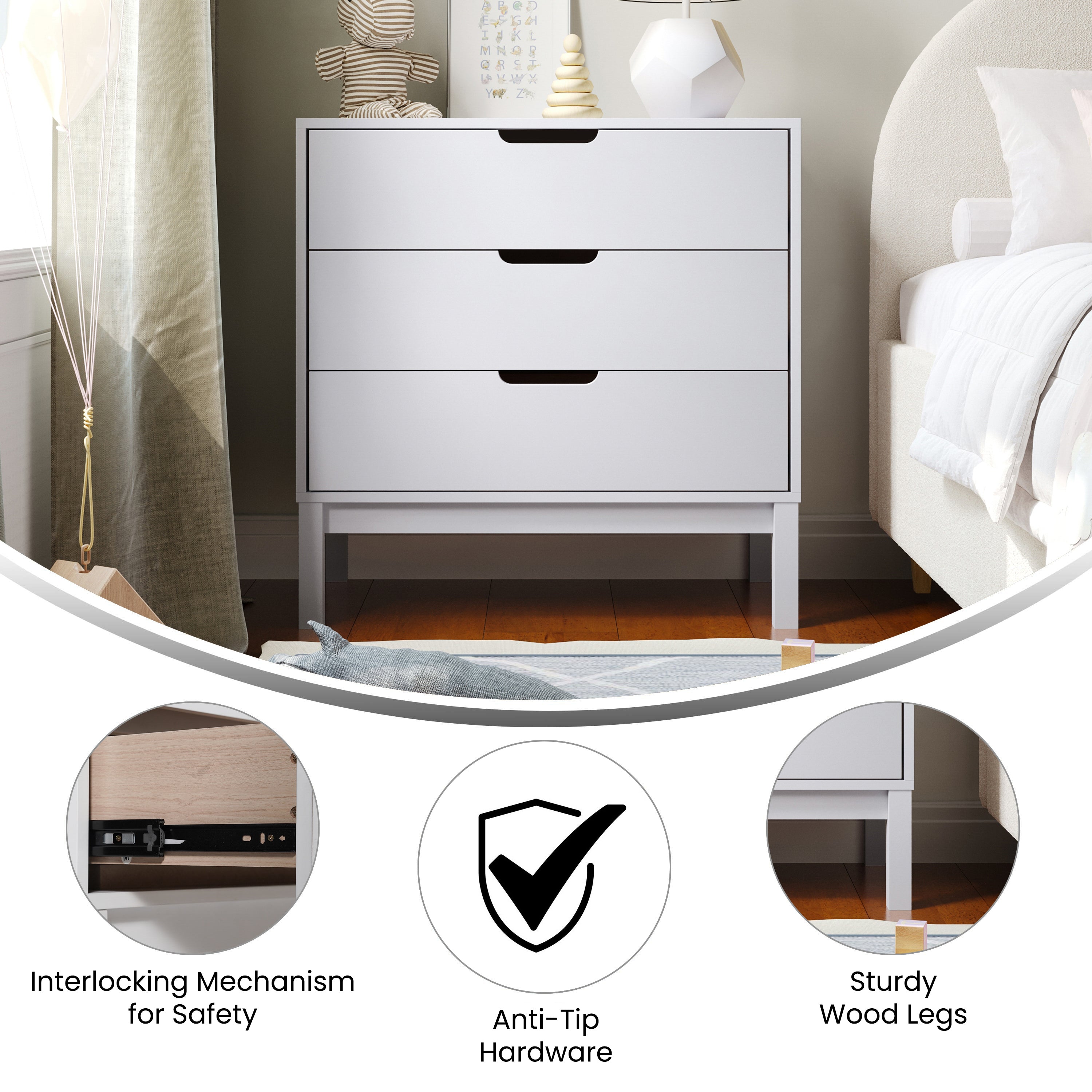 Dallas Wooden 3-Drawer Dresser for Bedroom, Chest of Drawers for Kids