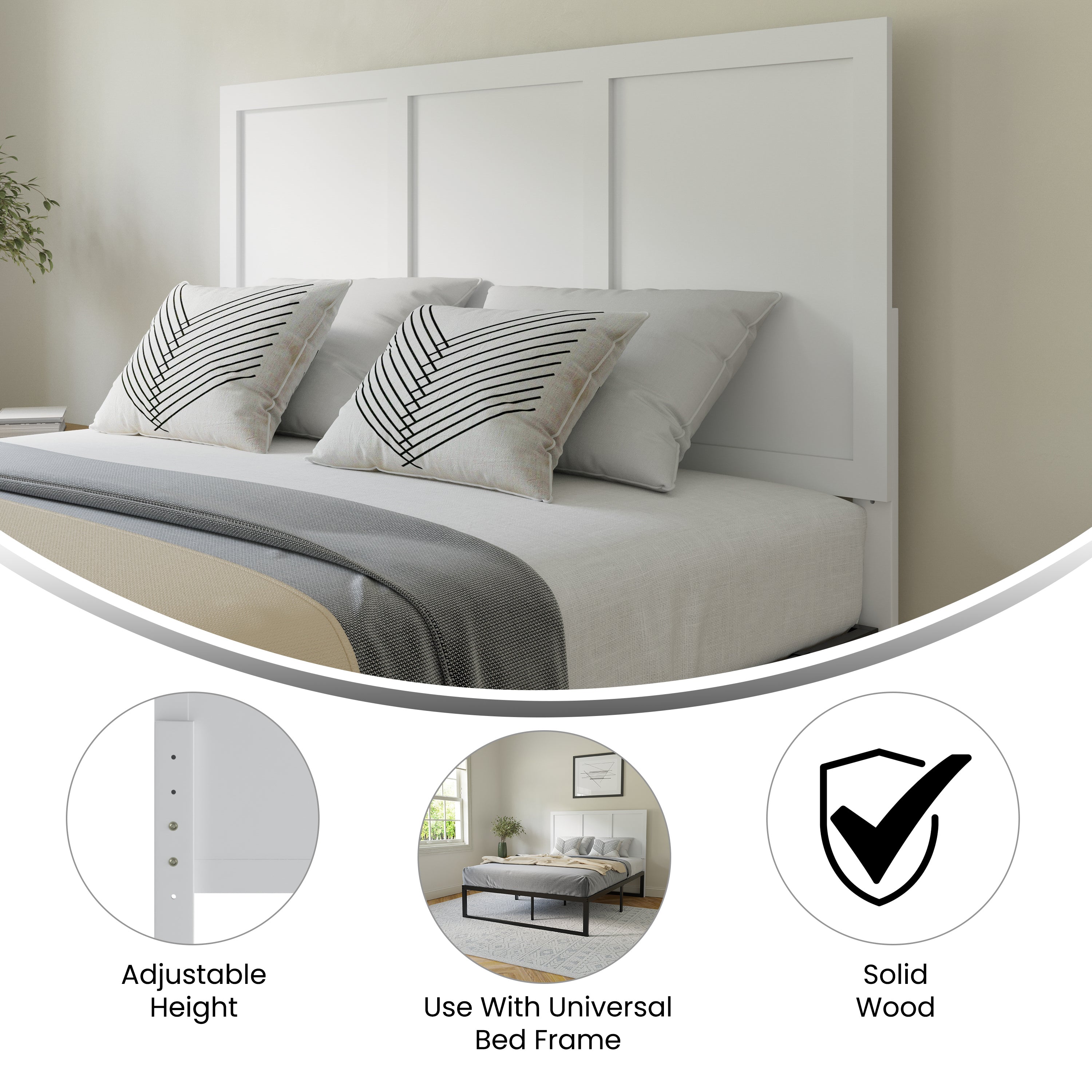 Oliver Paneled Wooden Adjustable Headboard for Universal Metal Bed Frames