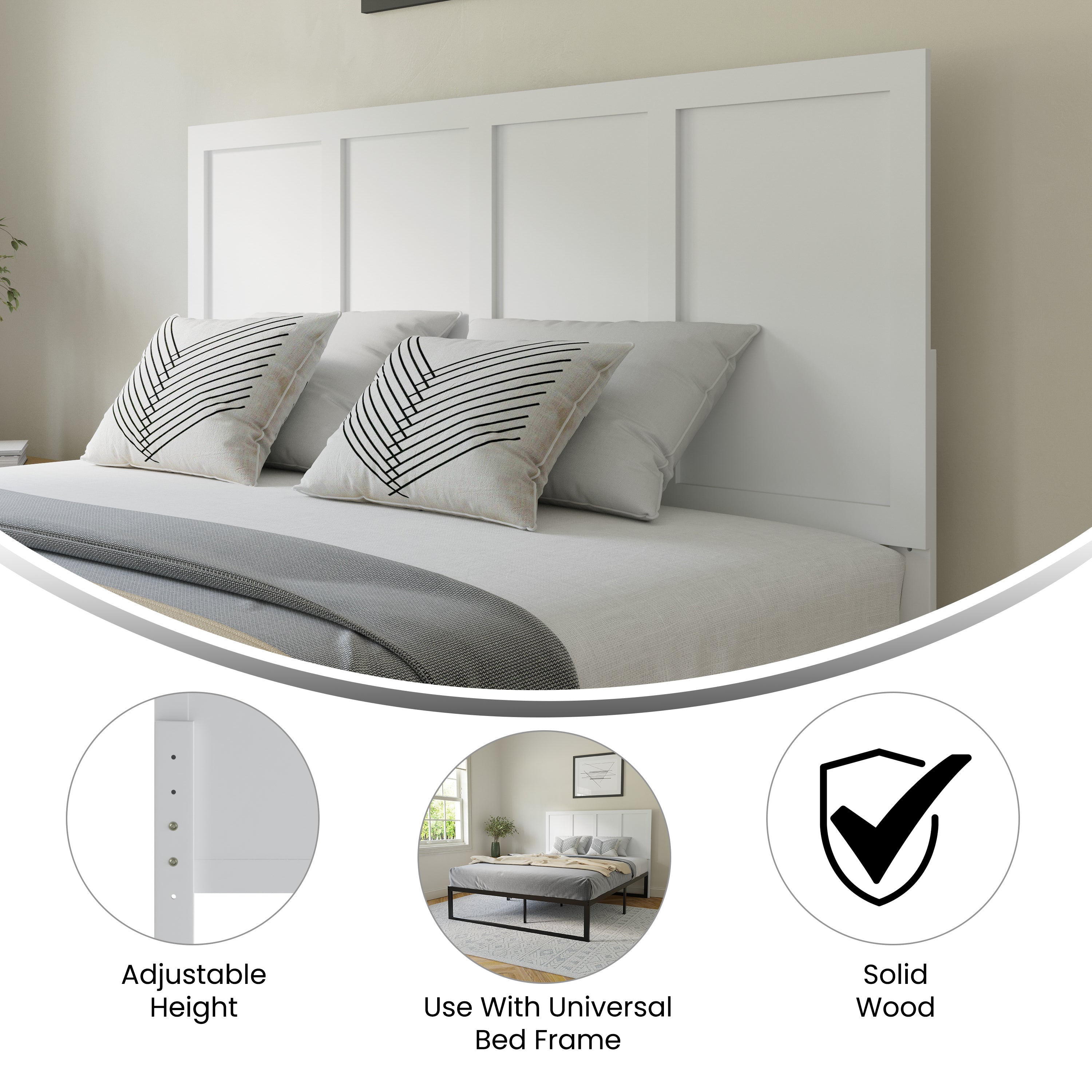Oliver Paneled Wooden Adjustable Headboard for Universal Metal Bed Frames
