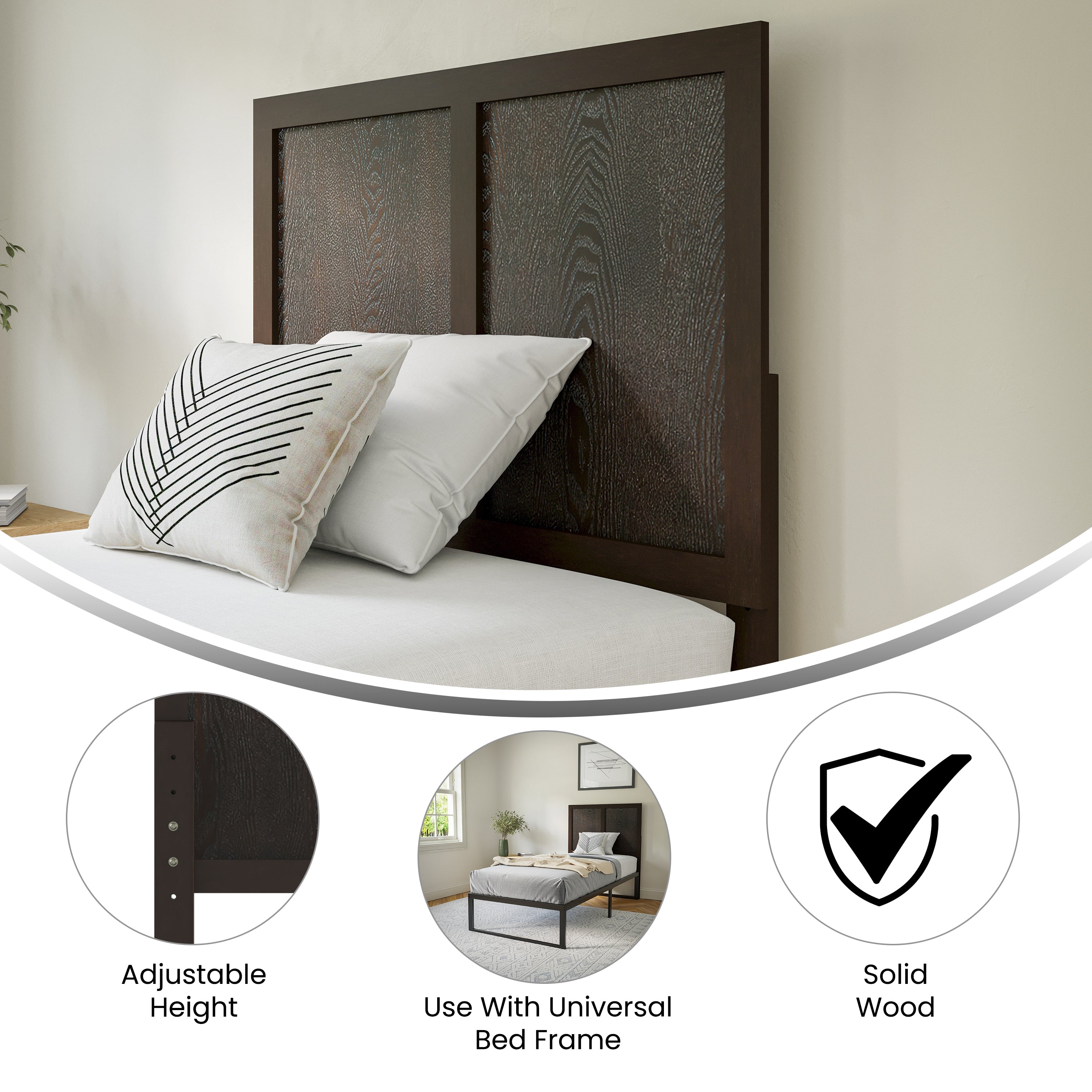 Oliver Paneled Wooden Adjustable Headboard for Universal Metal Bed Frames