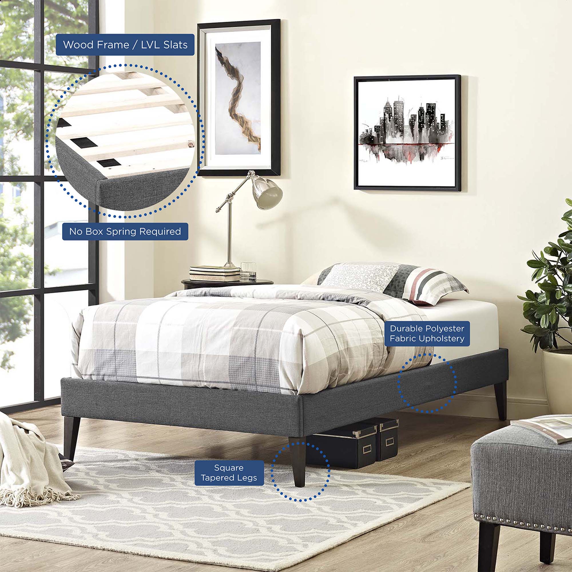 Tessie Fabric Bed Frame with Squared Tapered Legs