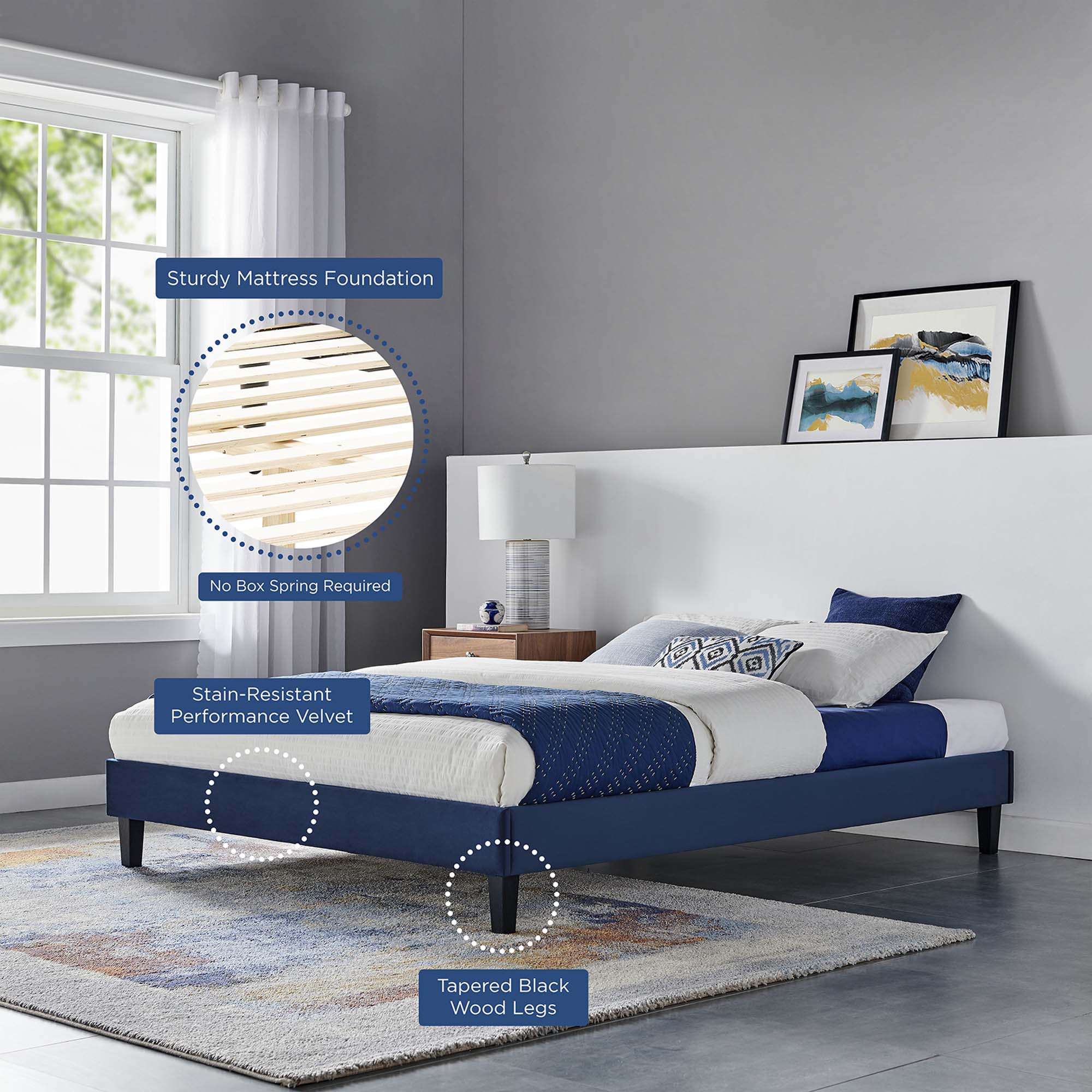 Reign Performance Velvet Platform Bed Frame
