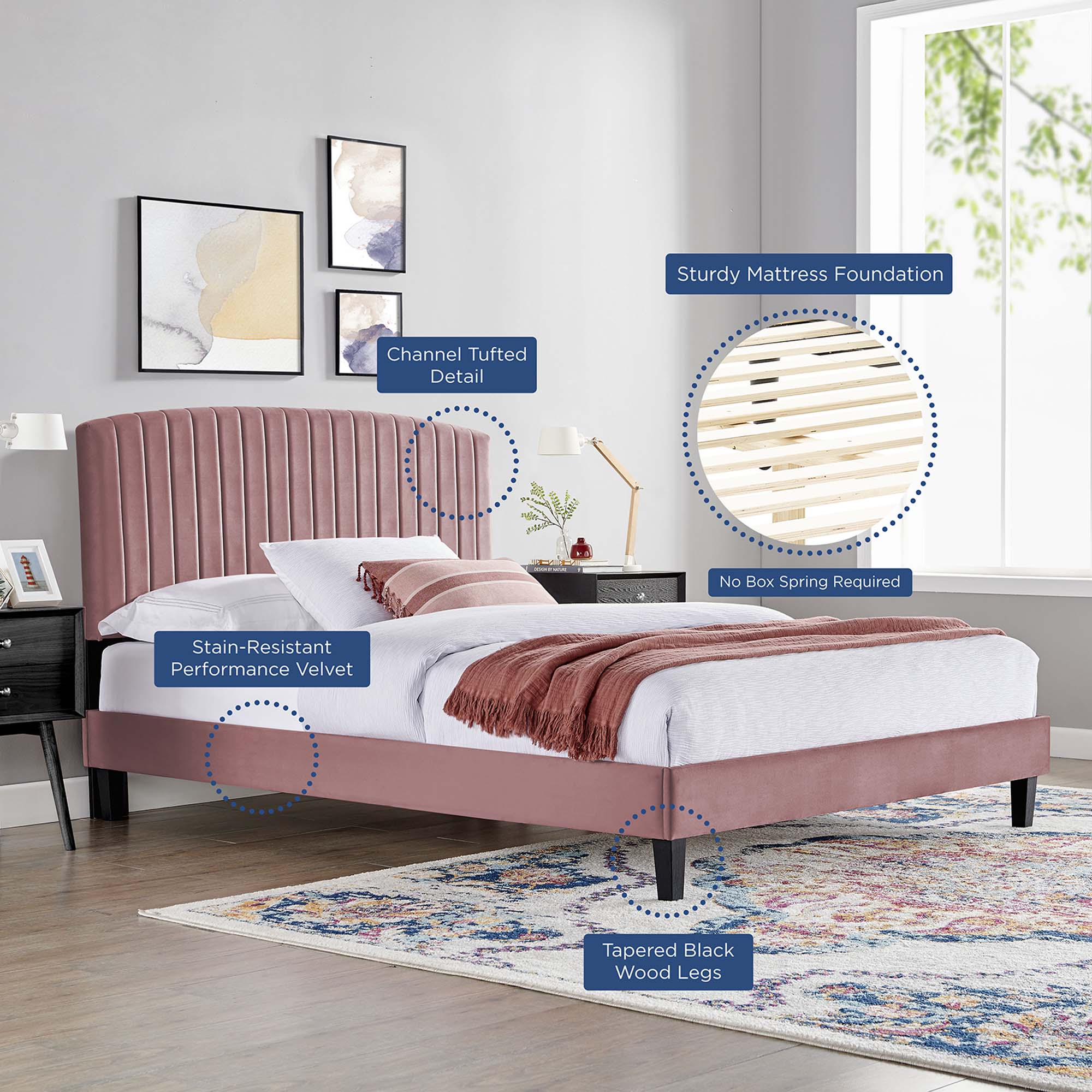 Alessi Tapered Wood Leg Performance Velvet Platform Bed