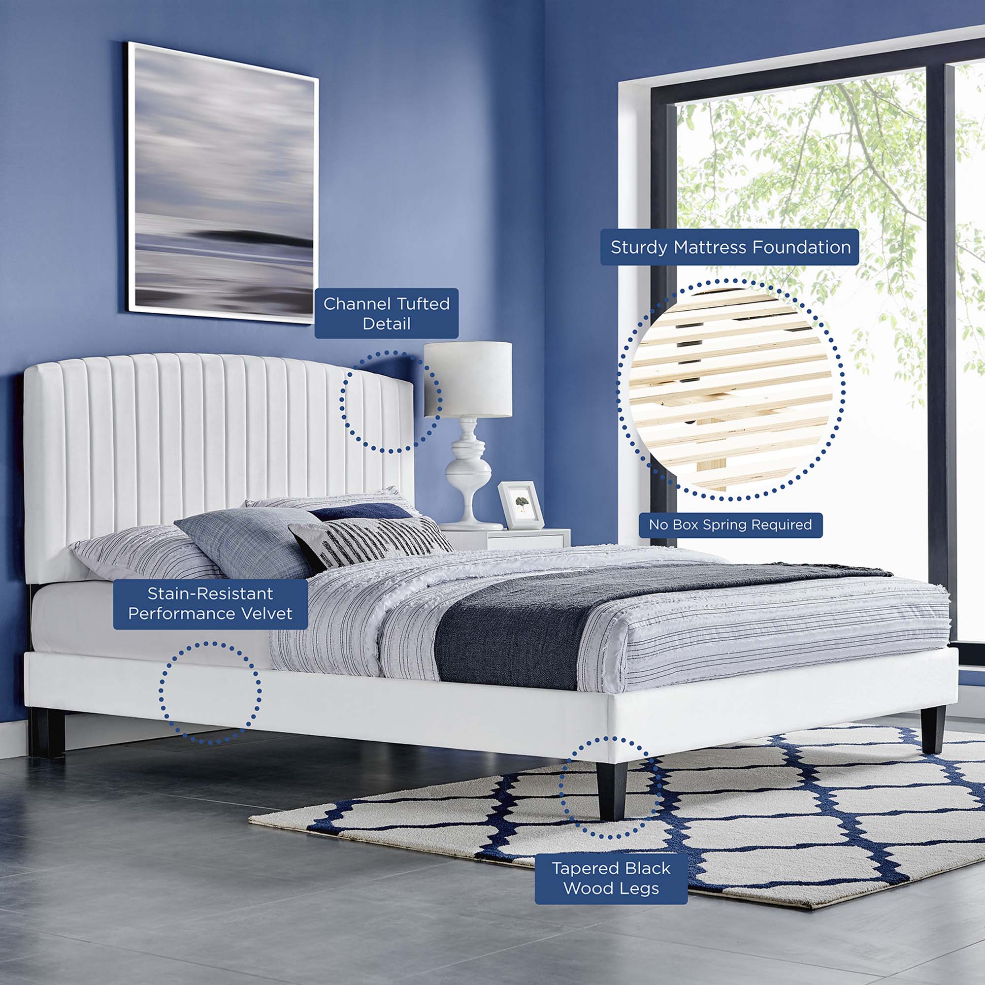 Alessi Tapered Wood Leg Performance Velvet Platform Bed