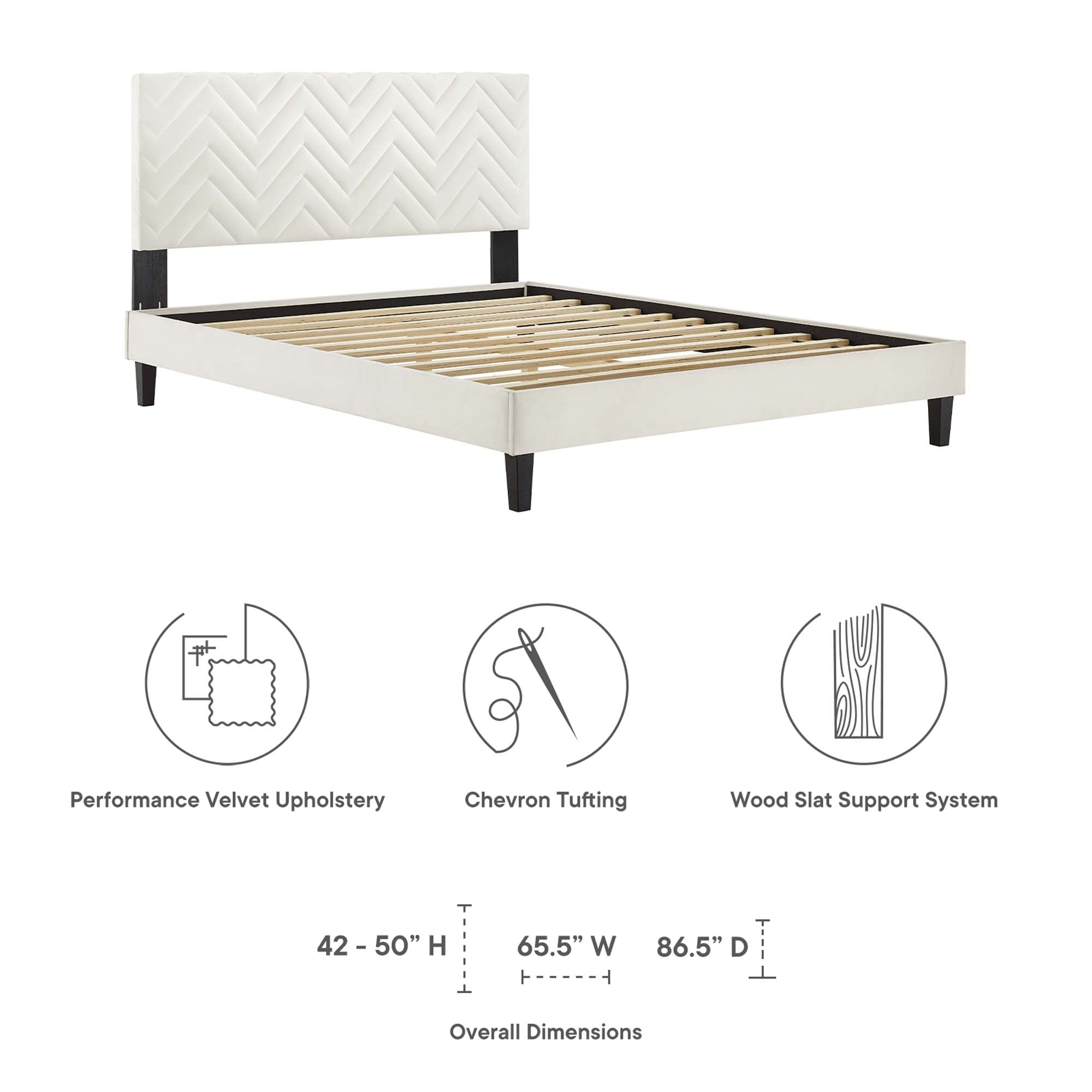 Leah Tapered Wood Leg Chevron Tufted Performance Velvet Platform Bed