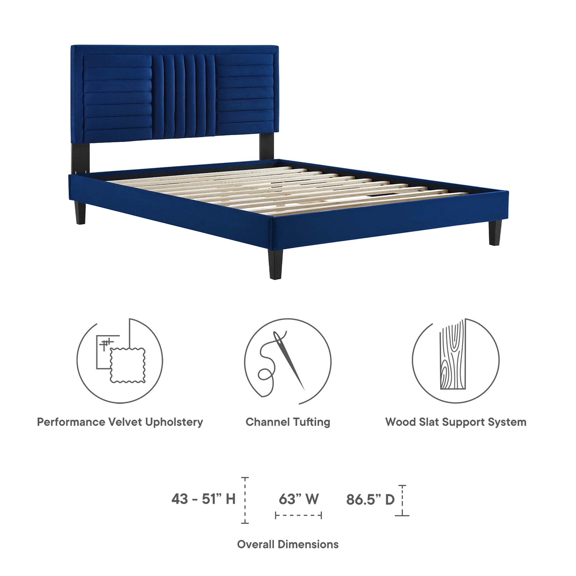 Sofia Tapered Wood Leg Channel Tufted Performance Velvet Platform Bed