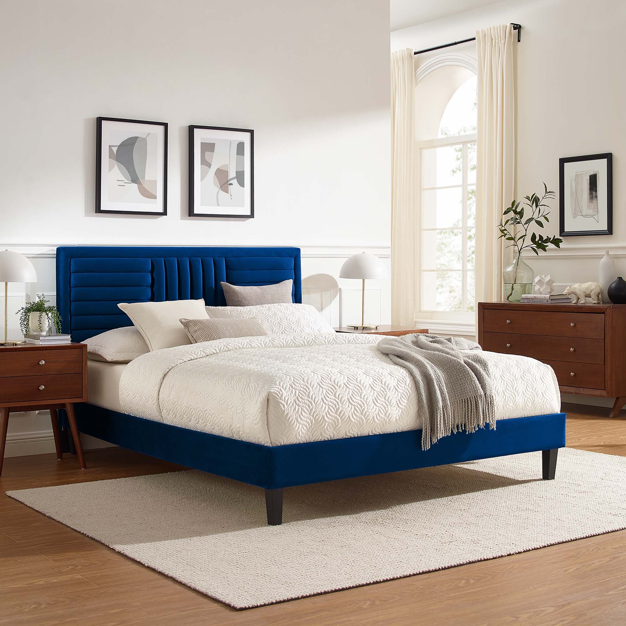 Sofia Tapered Wood Leg Channel Tufted Performance Velvet Platform Bed