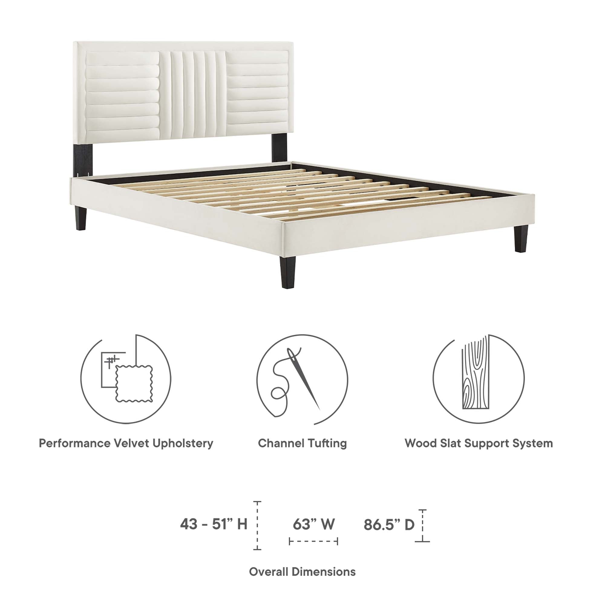 Sofia Tapered Wood Leg Channel Tufted Performance Velvet Platform Bed