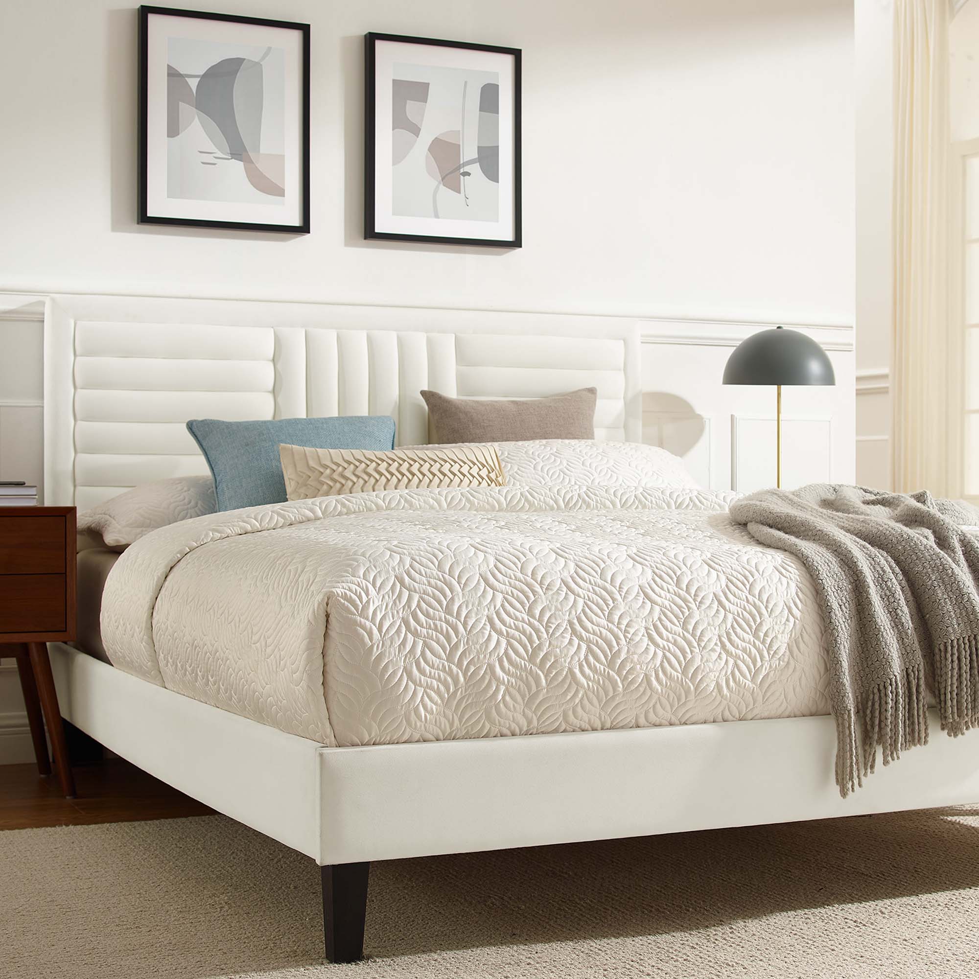 Sofia Tapered Wood Leg Channel Tufted Performance Velvet Platform Bed