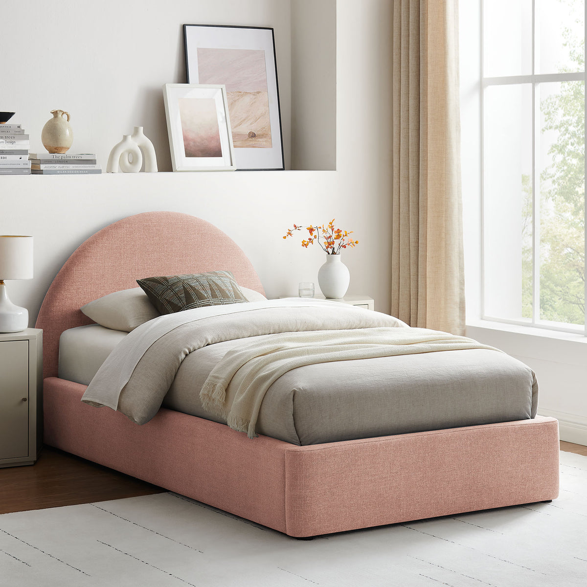 Resort Arched Upholstered Fabric Storage Platform Bed Frame