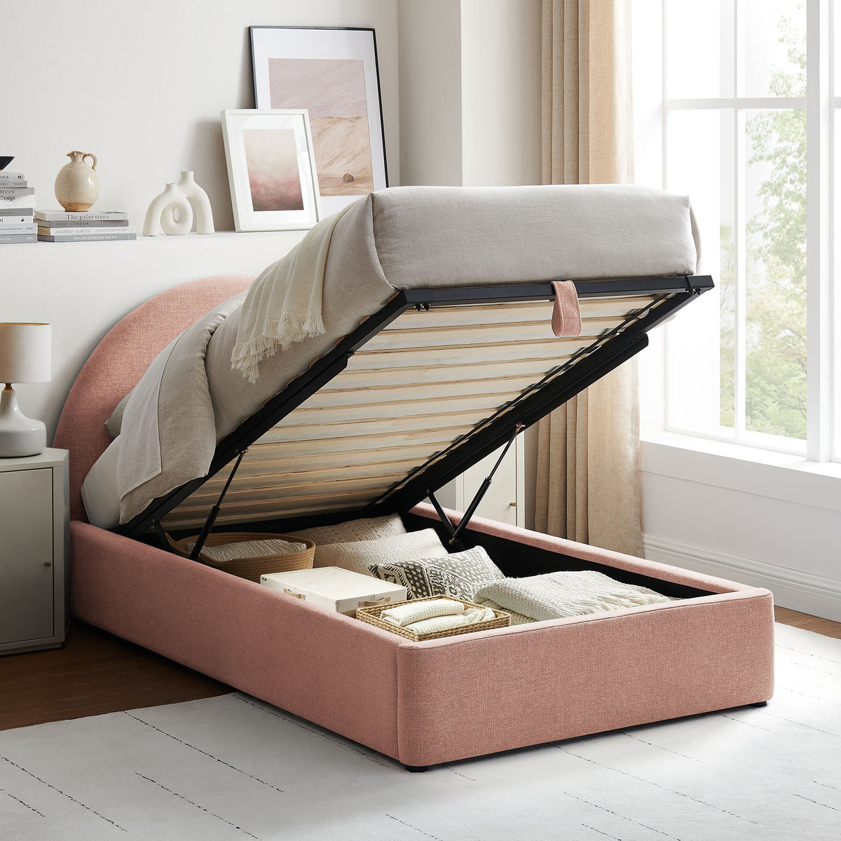 Resort Arched Upholstered Fabric Storage Platform Bed Frame