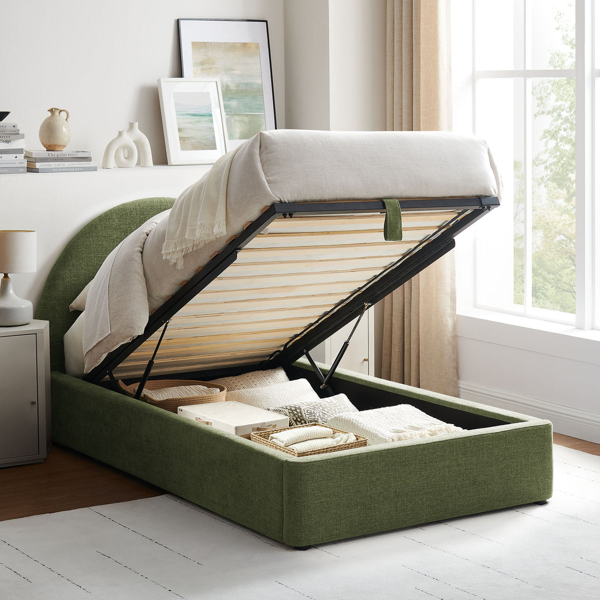 Resort Arched Upholstered Fabric Storage Platform Bed Frame