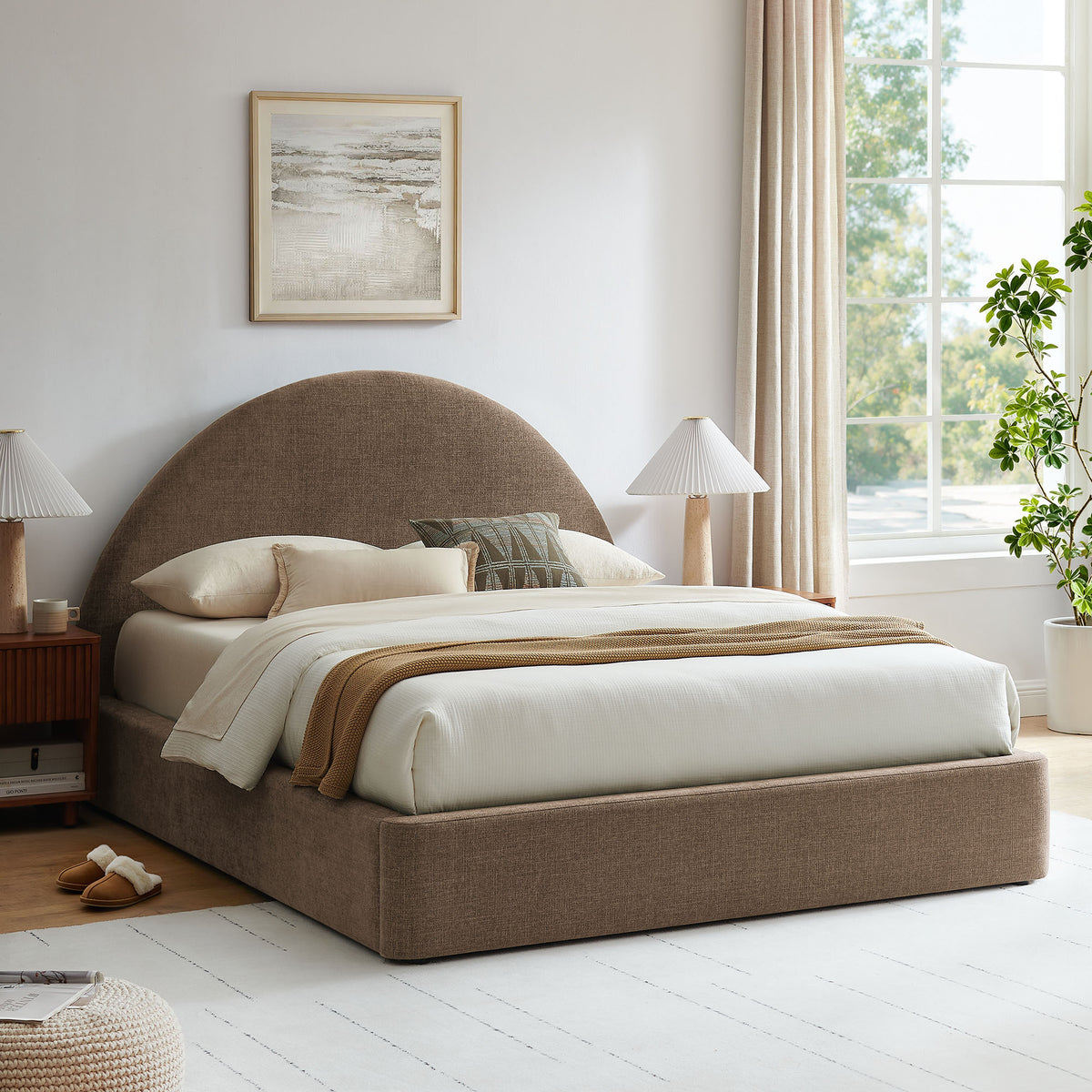 Resort Arched Upholstered Fabric Storage Platform Bed Frame