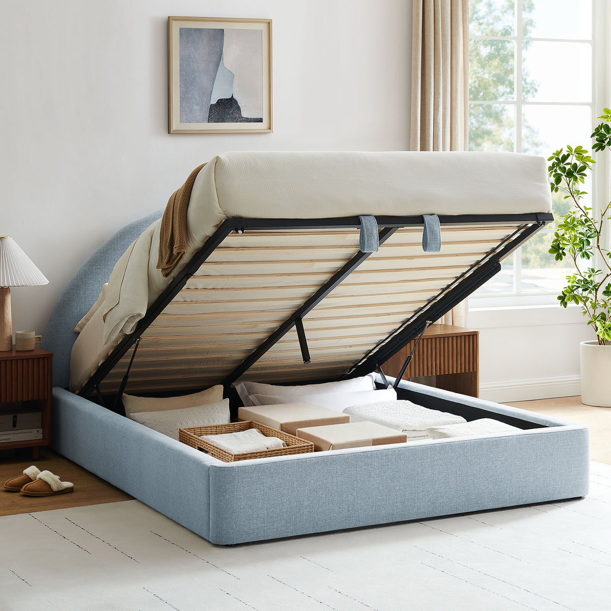 Resort Arched Upholstered Fabric Storage Platform Bed Frame