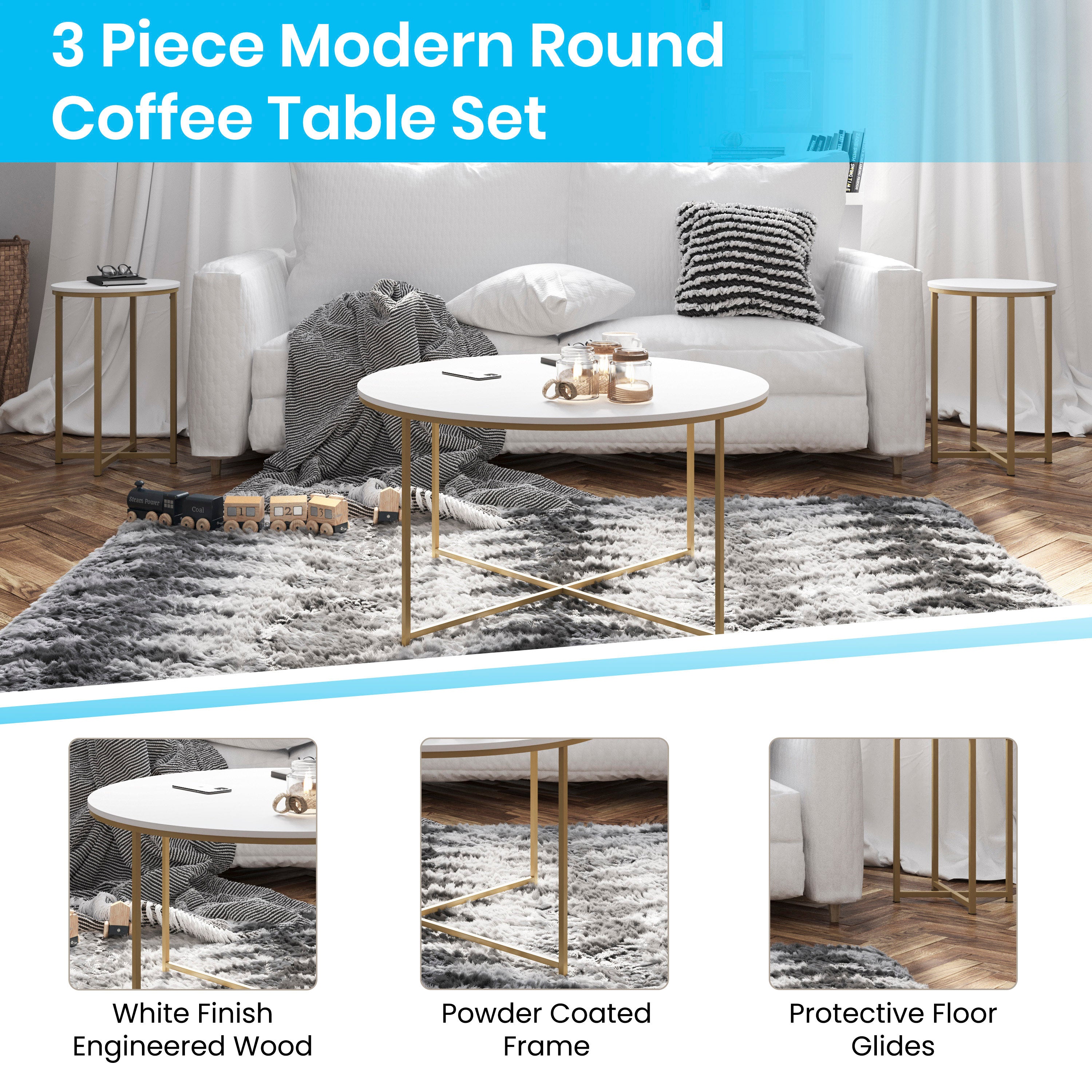 Hampstead Collection Coffee and End Table Set - Laminate Top with Crisscross Frame, 3 Piece Occasional Table Set