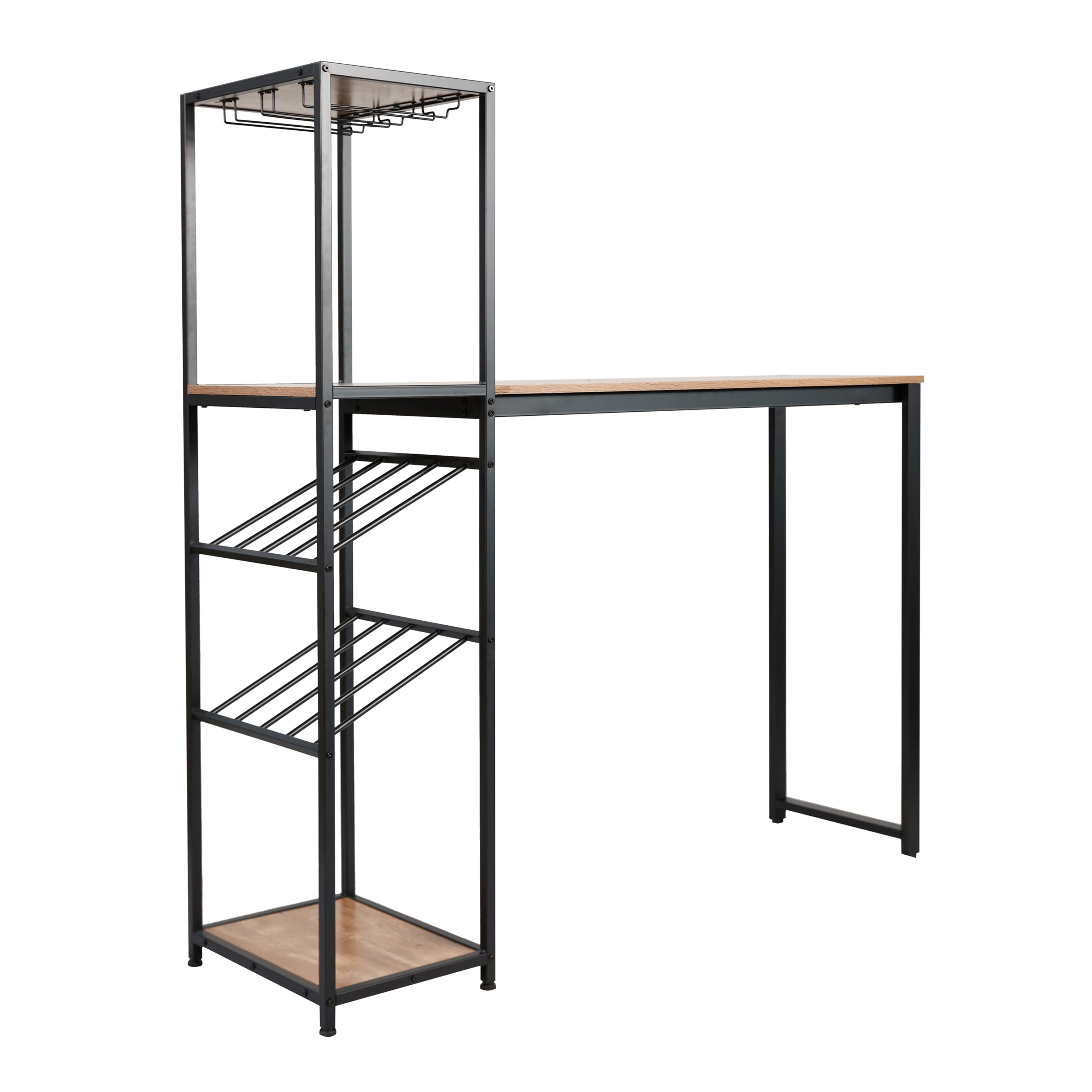 Jura Metal Bar and Wine Table with 2 Slanted Shelves for Bottle Storage and Hanging Glass Storage